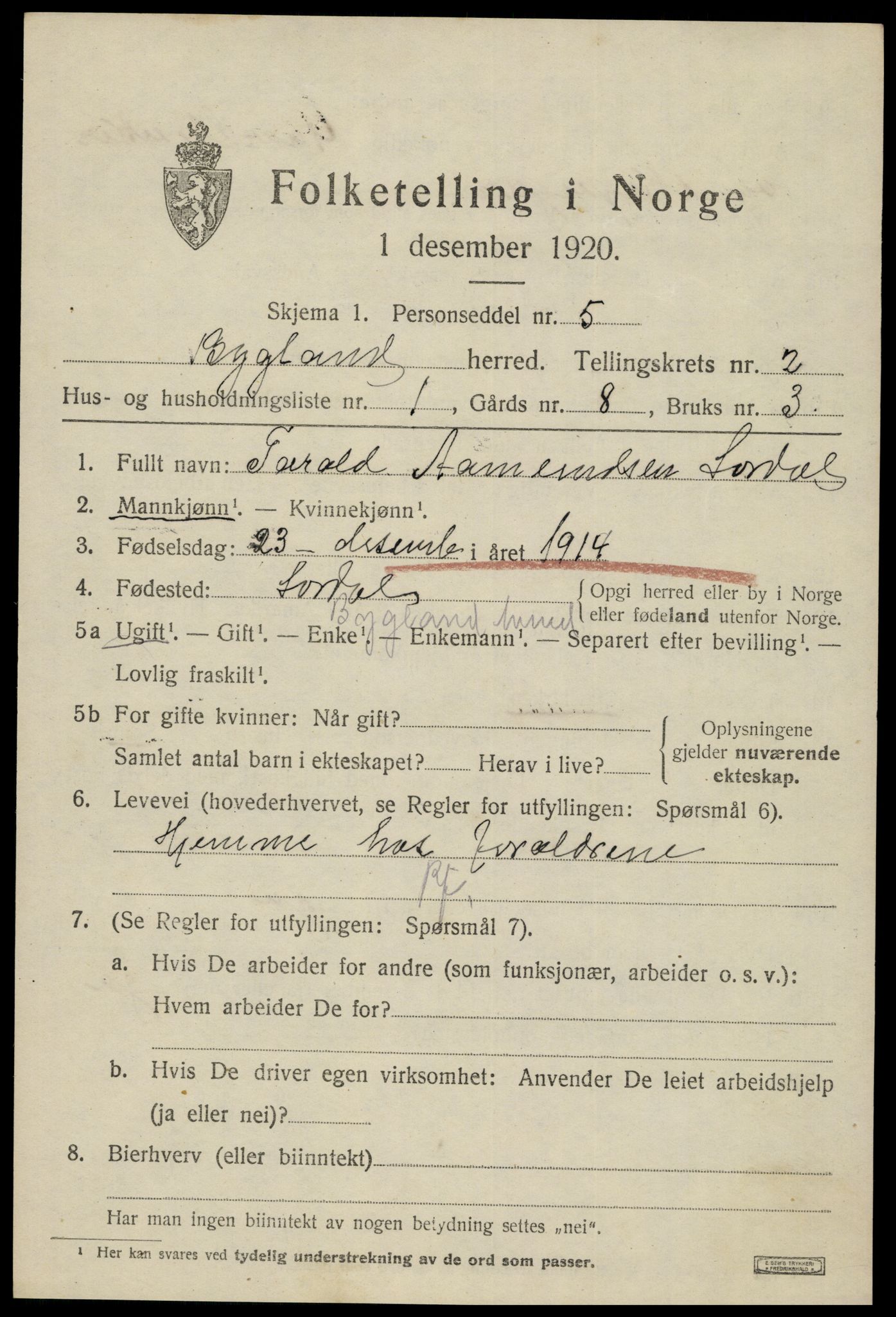 SAK, 1920 census for Bygland, 1920, p. 1097