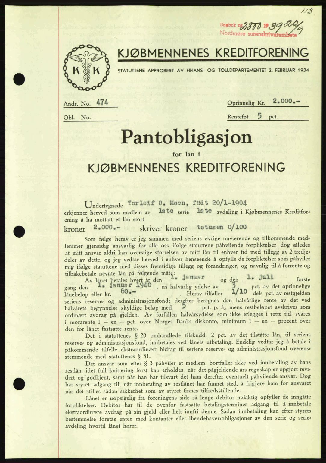 Nordmøre sorenskriveri, AV/SAT-A-4132/1/2/2Ca: Mortgage book no. B86, 1939-1940, Diary no: : 2800/1939