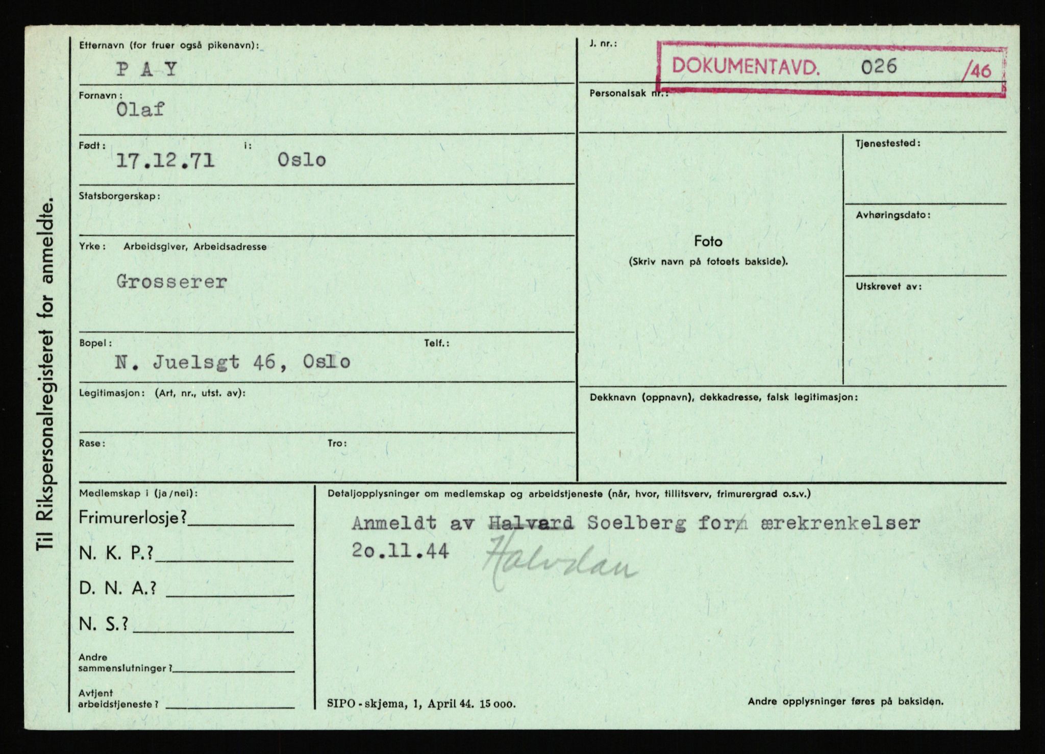 Statspolitiet - Hovedkontoret / Osloavdelingen, AV/RA-S-1329/C/Ca/L0012: Oanæs - Quistgaard	, 1943-1945, p. 3115