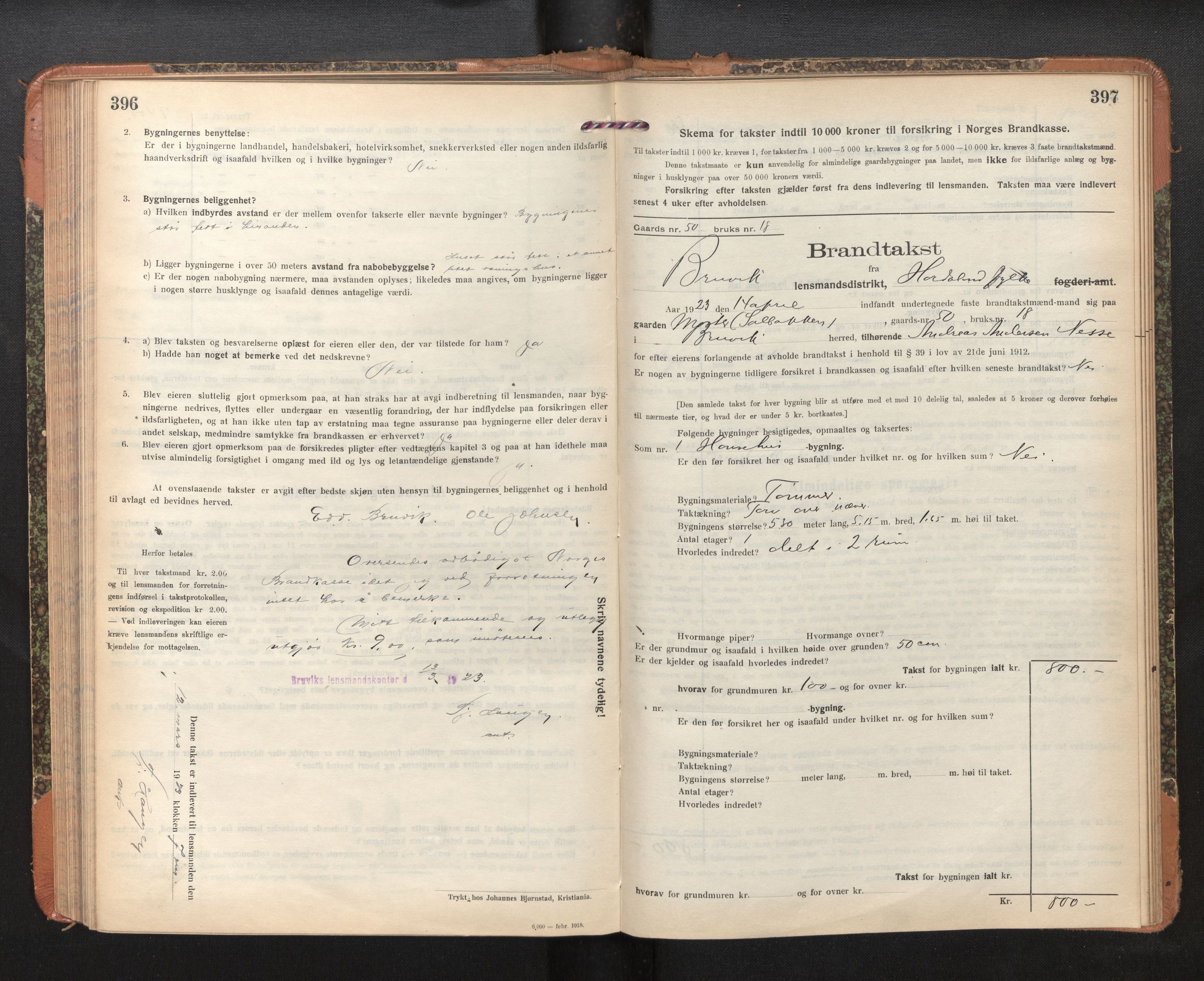 Lensmannen i Bruvik, SAB/A-31301/0012/L0009: Branntakstprotokoll, skjematakst, 1918-1925, p. 396-397