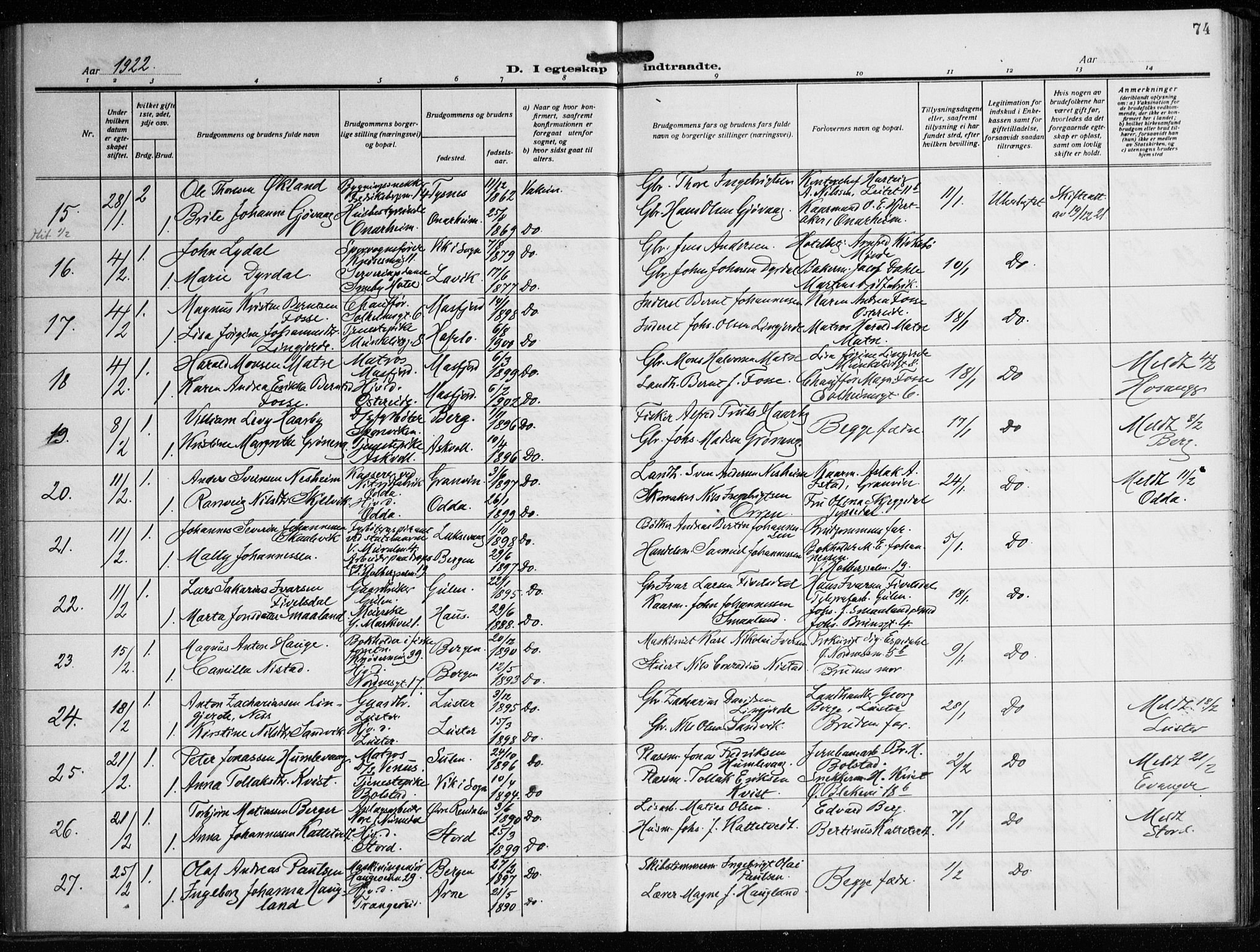 Nykirken Sokneprestembete, AV/SAB-A-77101/H/Haa/L0037: Parish register (official) no. D 7, 1918-1926, p. 74