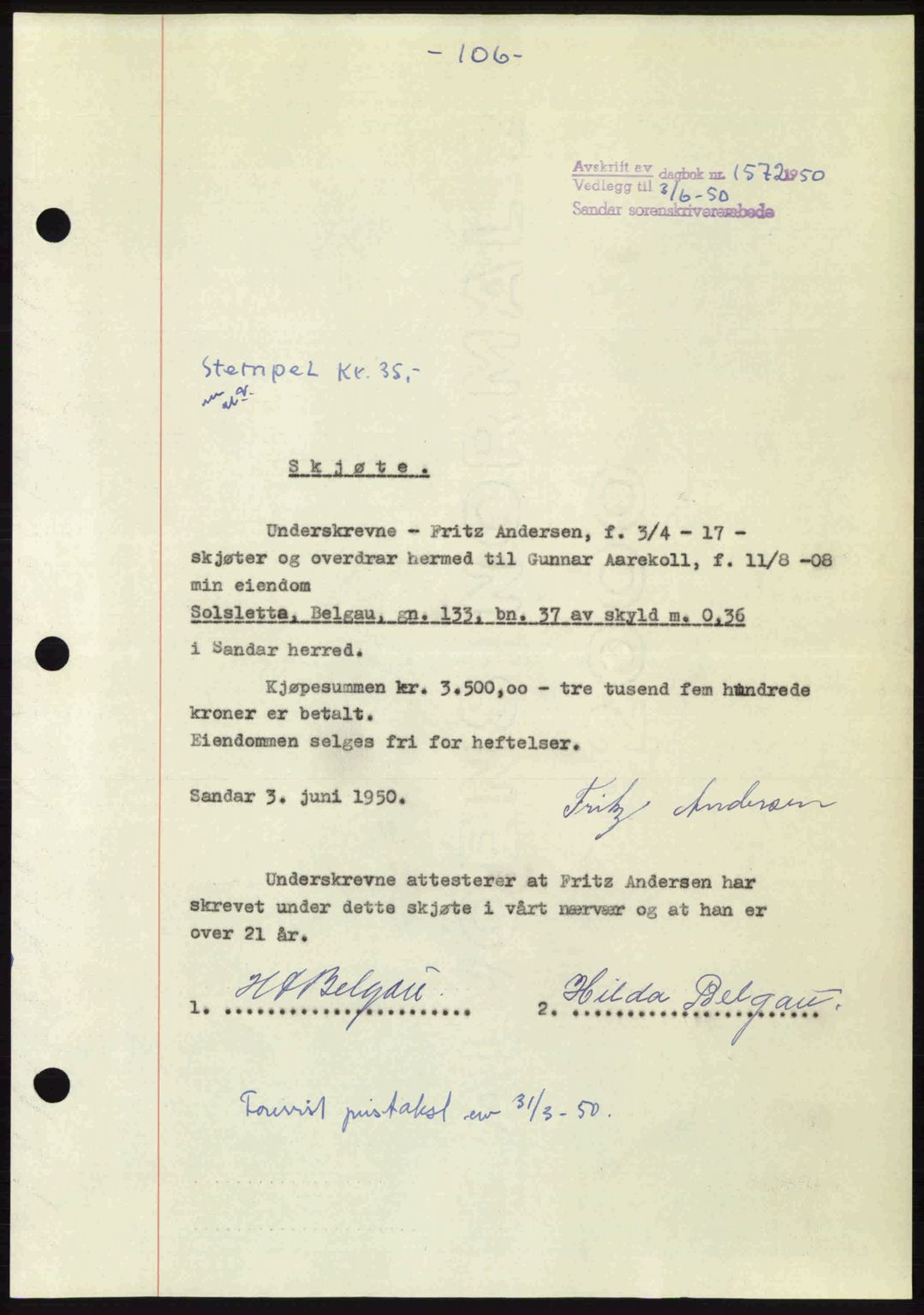 Sandar sorenskriveri, AV/SAKO-A-86/G/Ga/Gaa/L0021: Mortgage book no. A-21, 1950-1950, Diary no: : 1572/1950