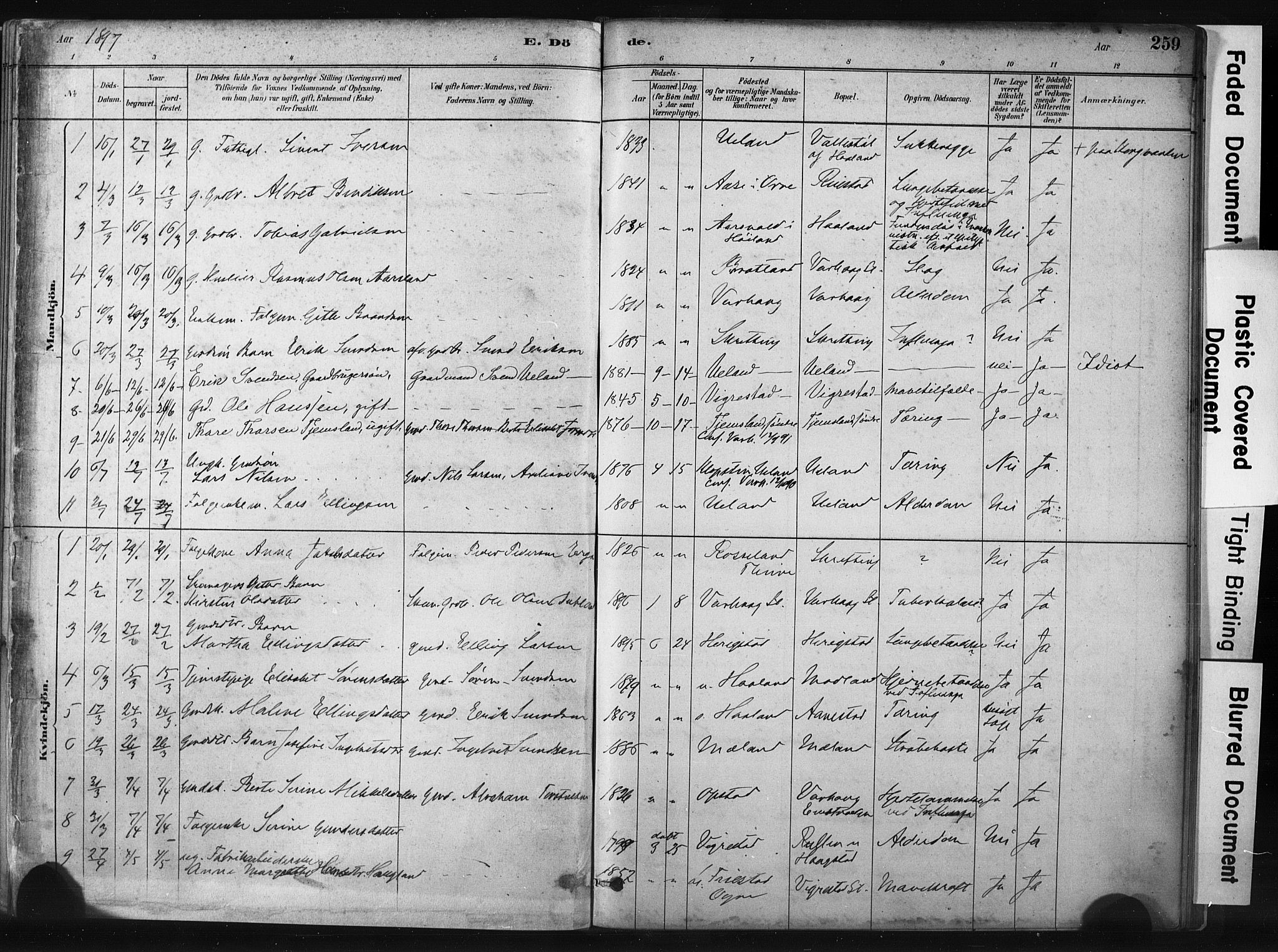 Hå sokneprestkontor, AV/SAST-A-101801/001/30BA/L0011: Parish register (official) no. A 10, 1879-1900, p. 259