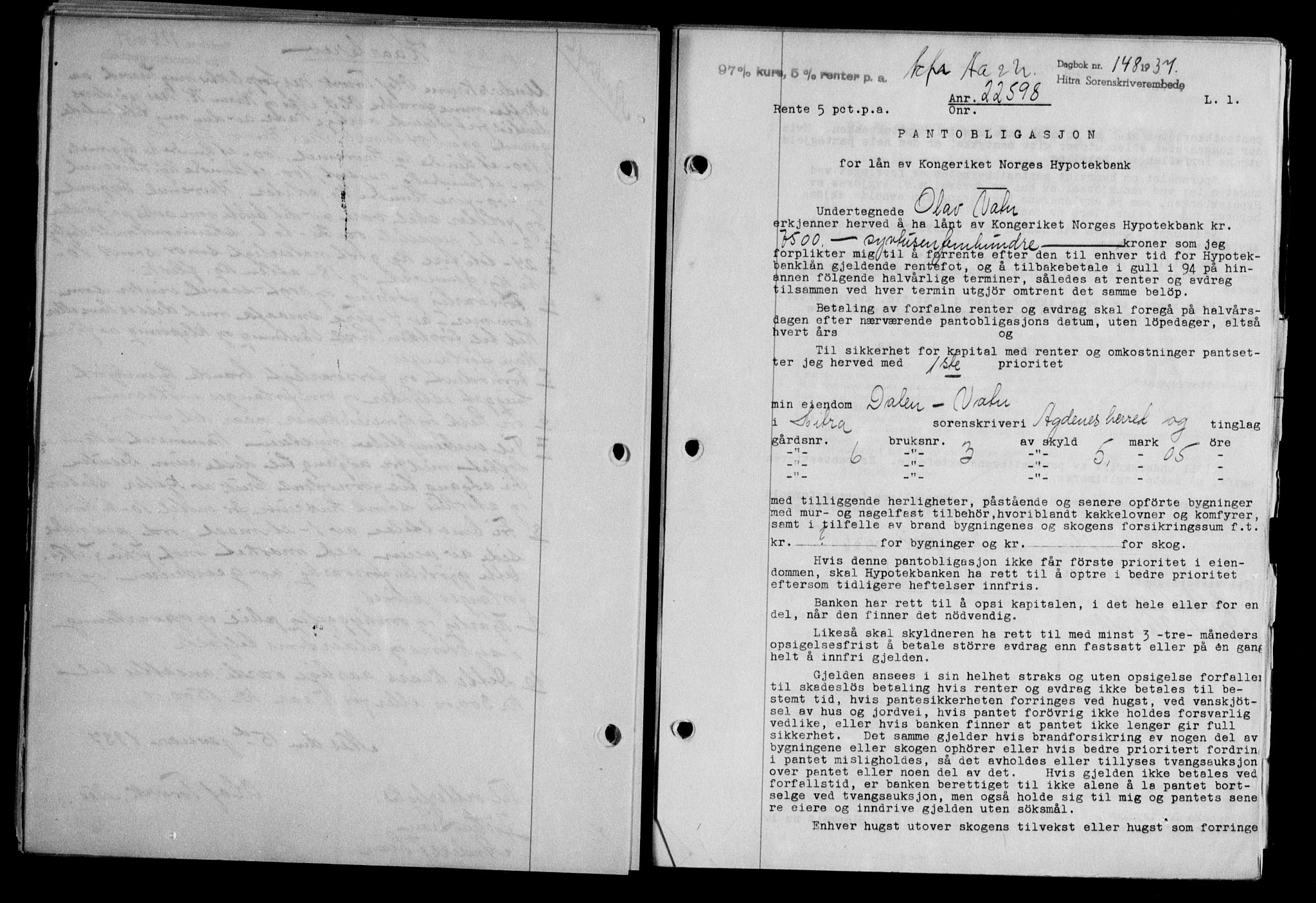 Hitra sorenskriveri, AV/SAT-A-0018/2/2C/2Ca/L0028: Mortgage book no. B-1, 1936-1939, Diary no: : 148/1937