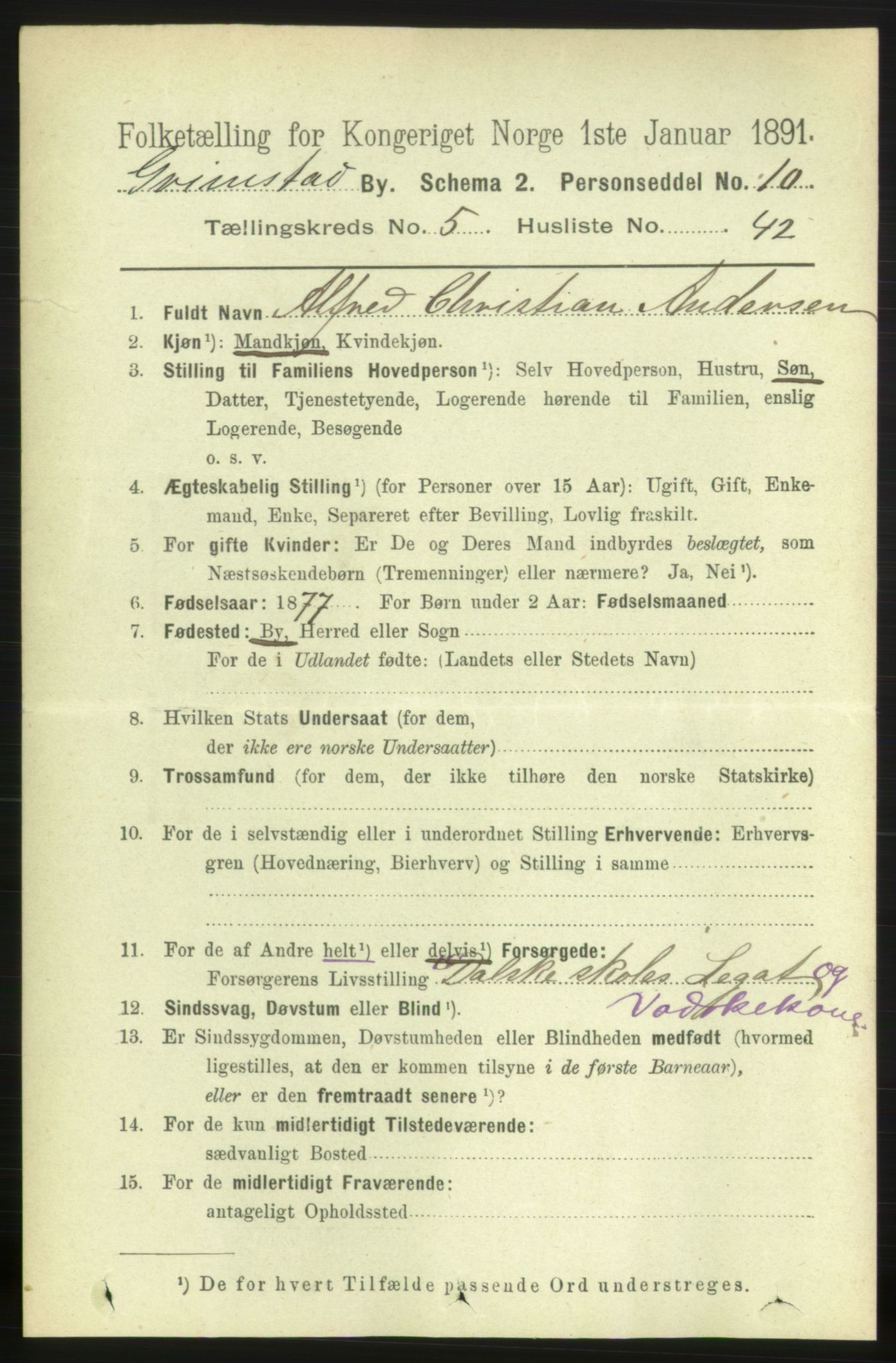 RA, 1891 census for 0904 Grimstad, 1891, p. 3364