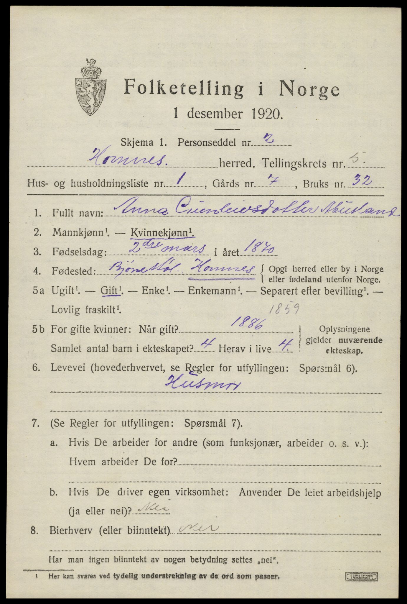 SAK, 1920 census for Hornnes, 1920, p. 1337