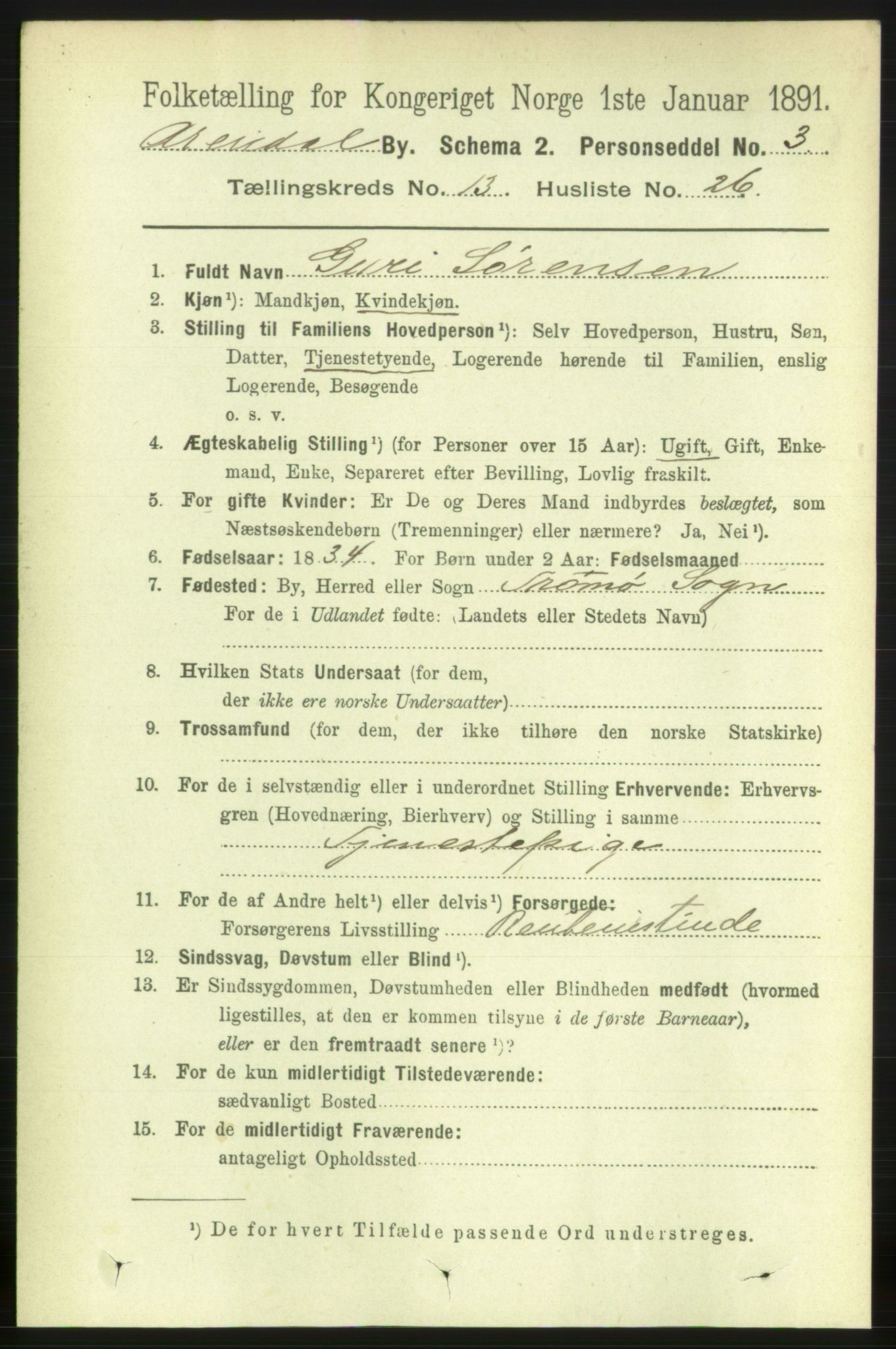 RA, 1891 census for 0903 Arendal, 1891, p. 4694