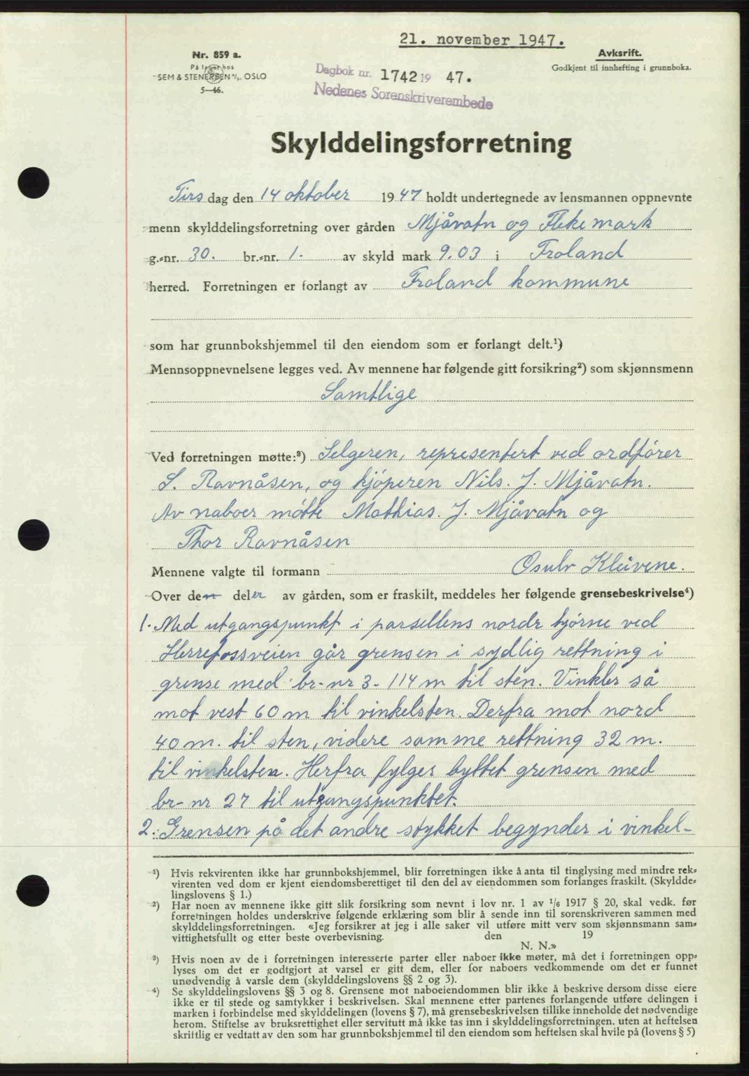 Nedenes sorenskriveri, SAK/1221-0006/G/Gb/Gba/L0058: Mortgage book no. A10, 1947-1948, Diary no: : 1742/1947