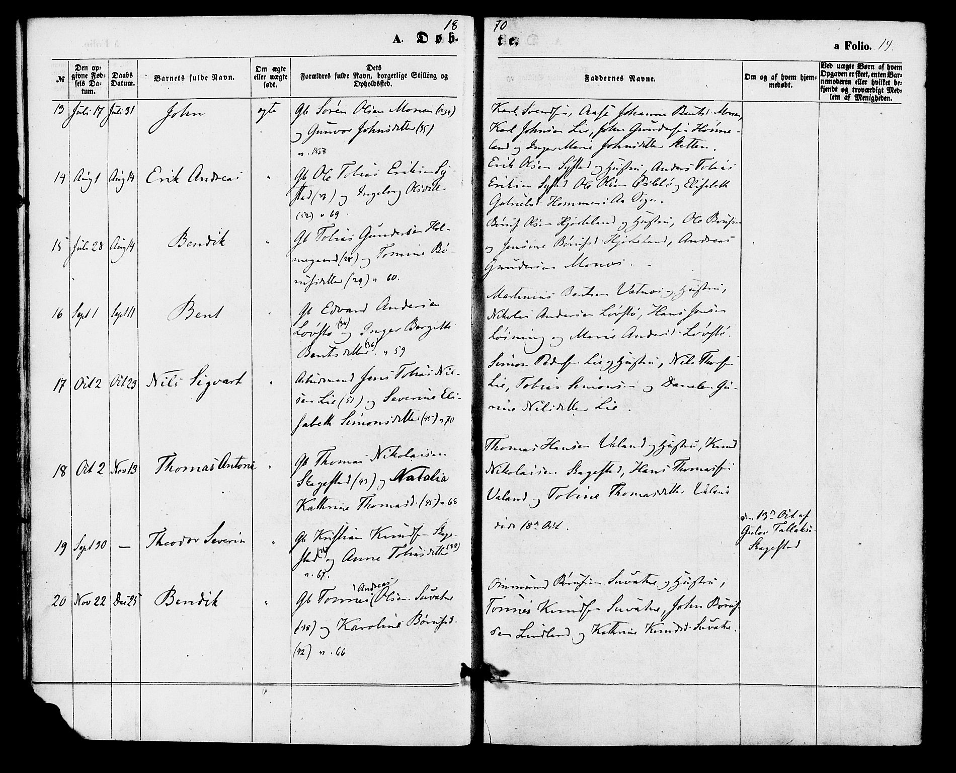 Holum sokneprestkontor, AV/SAK-1111-0022/F/Fa/Faa/L0006: Parish register (official) no. A 6, 1865-1883, p. 14