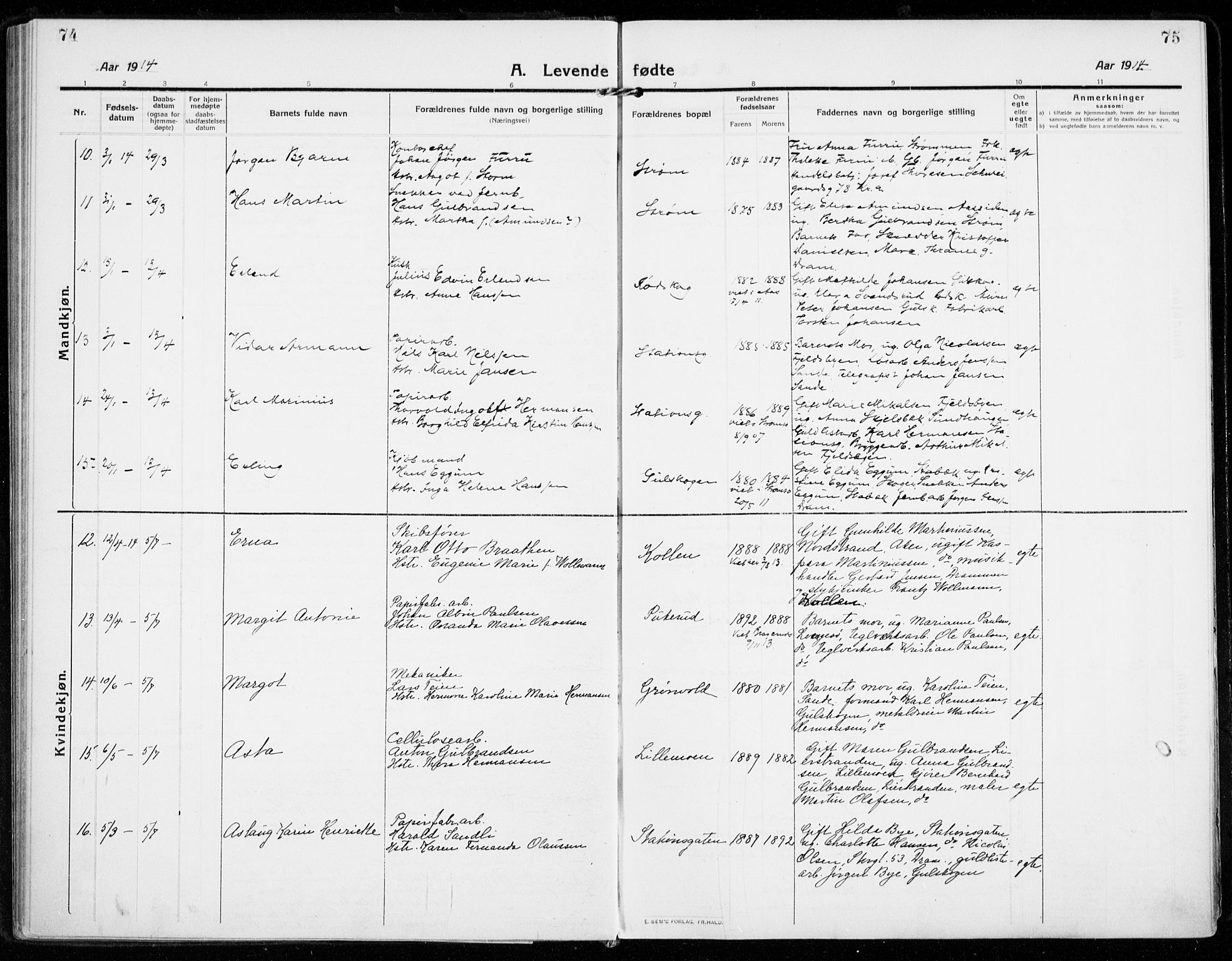 Strømsgodset kirkebøker, AV/SAKO-A-324/F/Fa/L0002: Parish register (official) no. 2, 1910-1920, p. 74-75