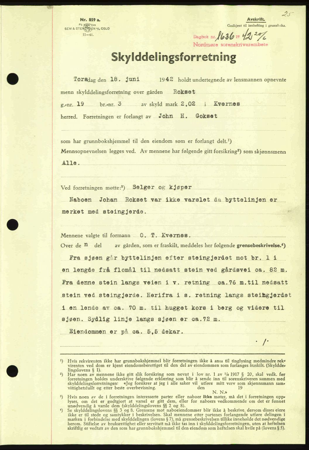 Nordmøre sorenskriveri, AV/SAT-A-4132/1/2/2Ca: Mortgage book no. A93, 1942-1942, Diary no: : 1636/1942