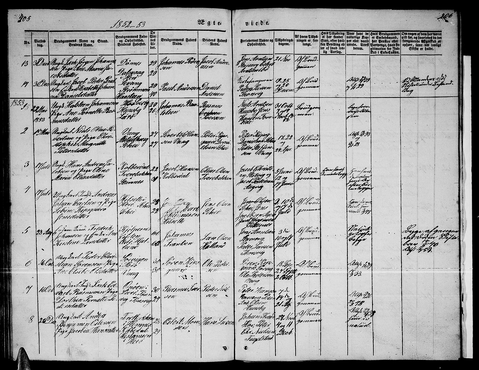Ministerialprotokoller, klokkerbøker og fødselsregistre - Nordland, SAT/A-1459/835/L0530: Parish register (copy) no. 835C02, 1842-1865, p. 205-206
