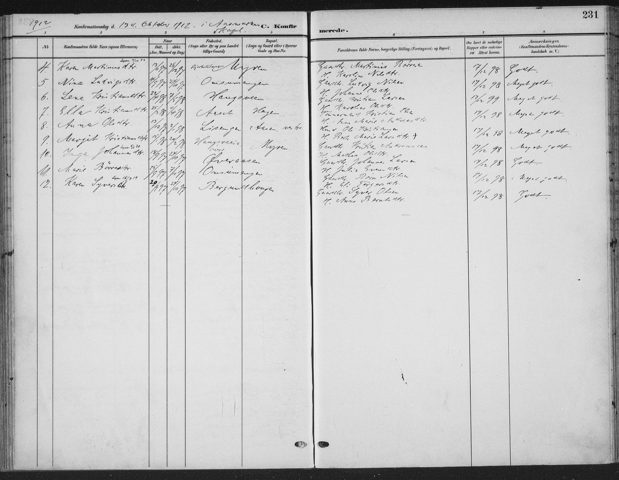 Ringsaker prestekontor, AV/SAH-PREST-014/K/Ka/L0018: Parish register (official) no. 18, 1903-1912, p. 231