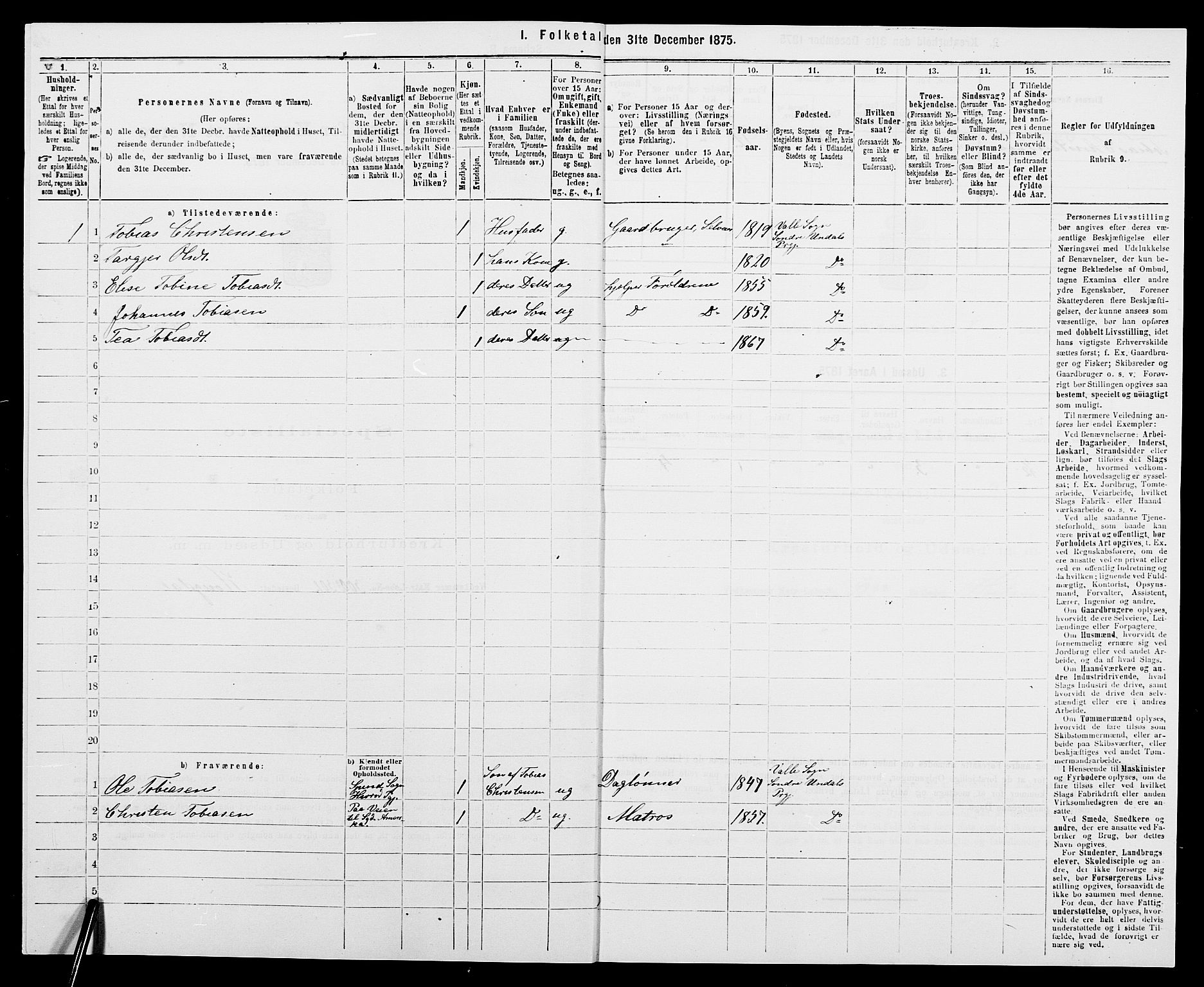 SAK, 1875 census for 1029P Sør-Audnedal, 1875, p. 1068