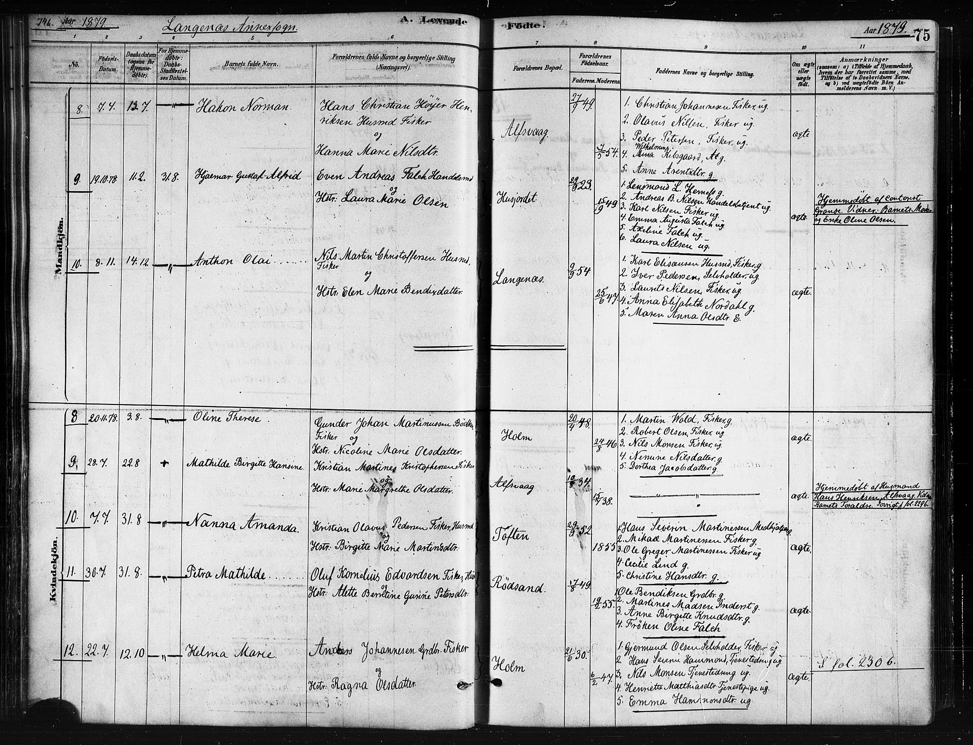 Ministerialprotokoller, klokkerbøker og fødselsregistre - Nordland, AV/SAT-A-1459/893/L1335: Parish register (official) no. 893A08 /2, 1878-1884, p. 75