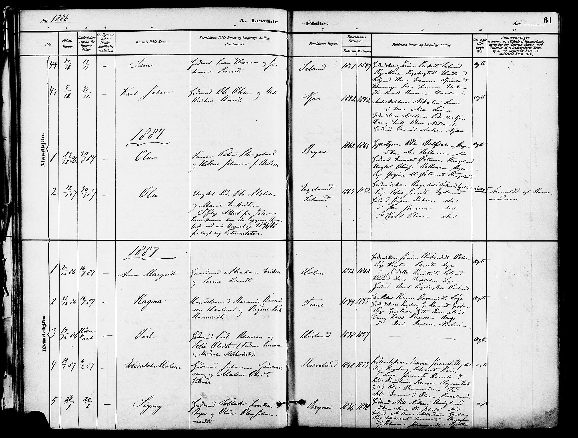 Lye sokneprestkontor, SAST/A-101794/001/30BA/L0009: Parish register (official) no. A 8, 1881-1892, p. 61