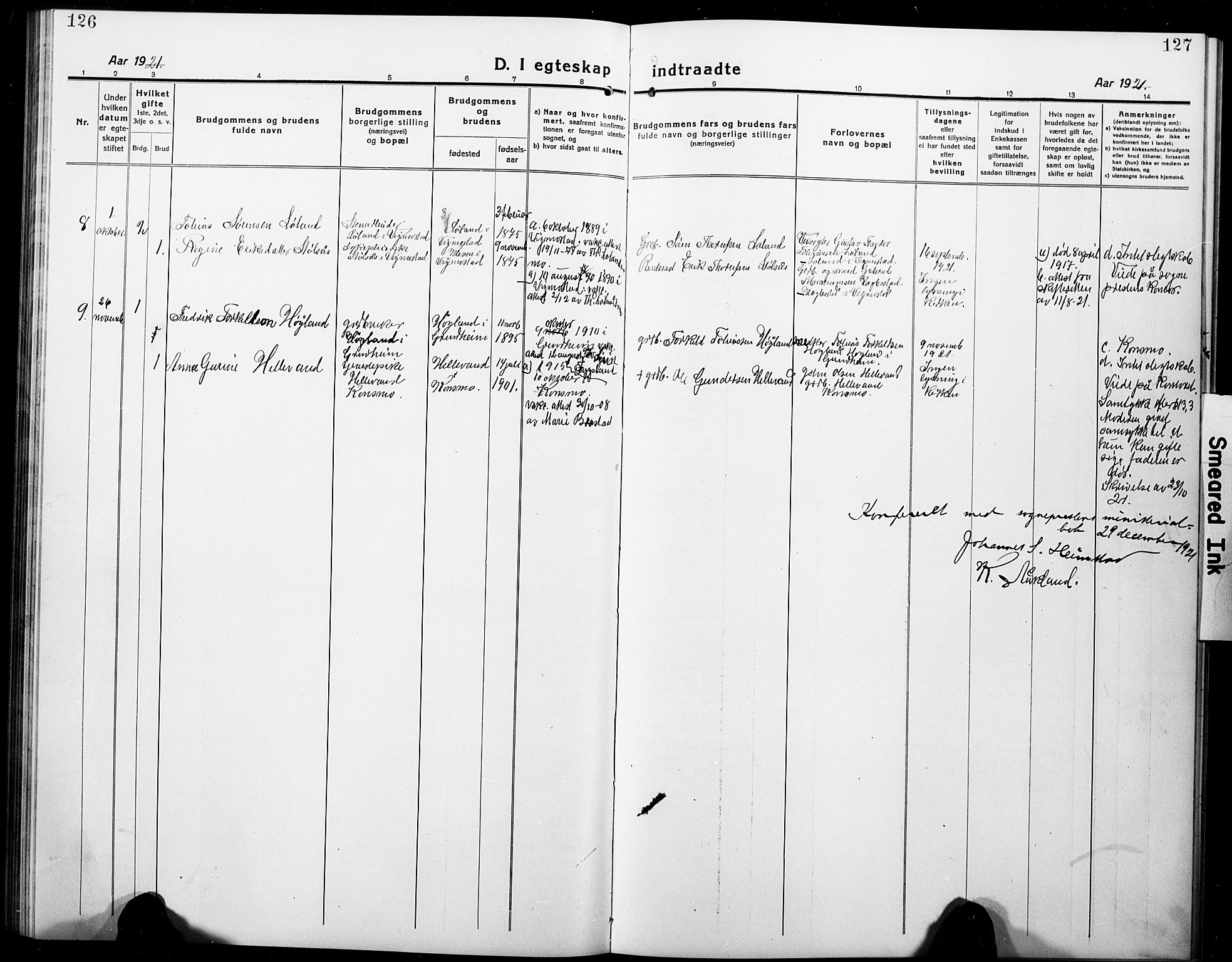 Nord-Audnedal sokneprestkontor, AV/SAK-1111-0032/F/Fb/Fbb/L0005: Parish register (copy) no. B 5, 1918-1929, p. 126-127