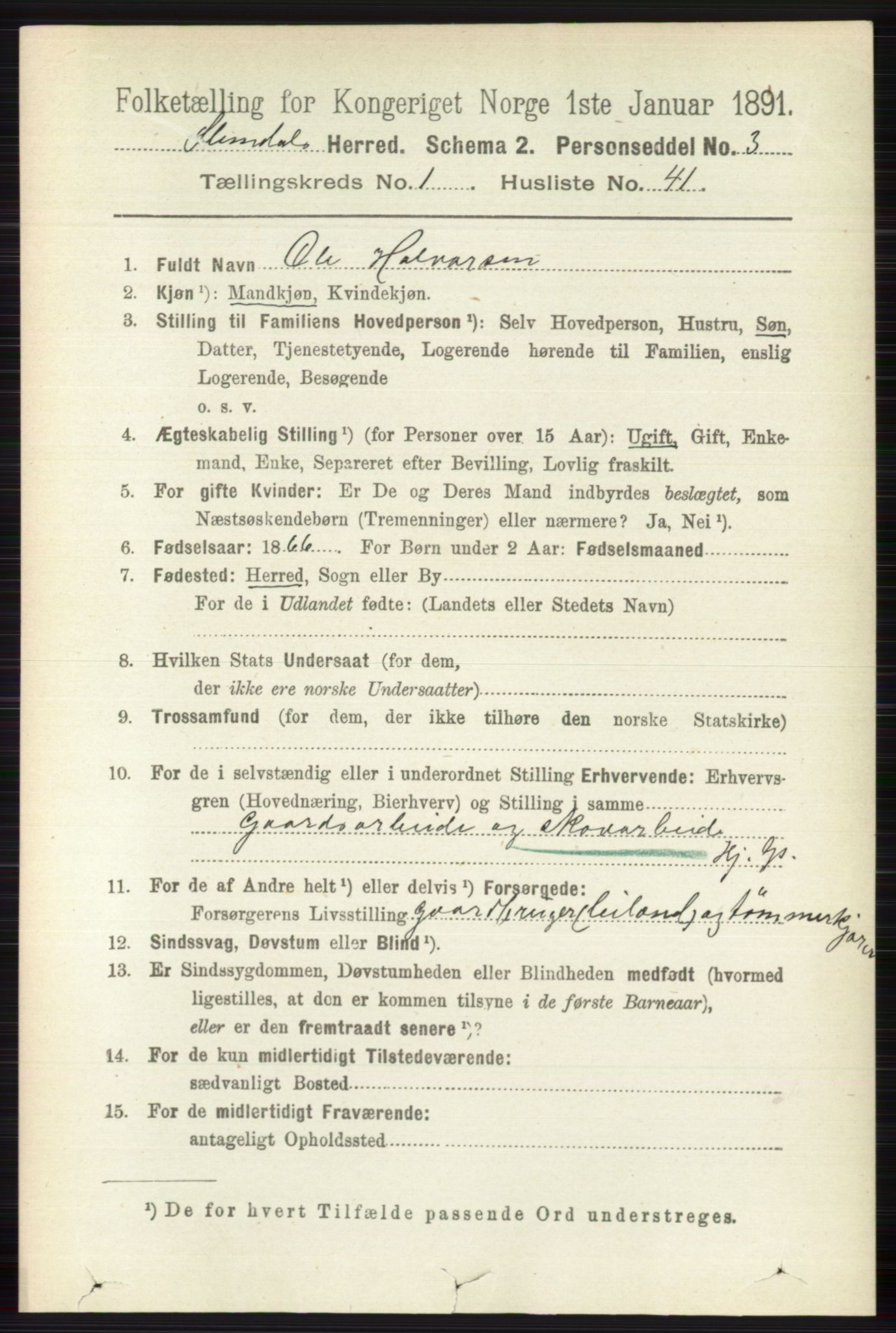 RA, 1891 census for 0811 Slemdal, 1891, p. 304