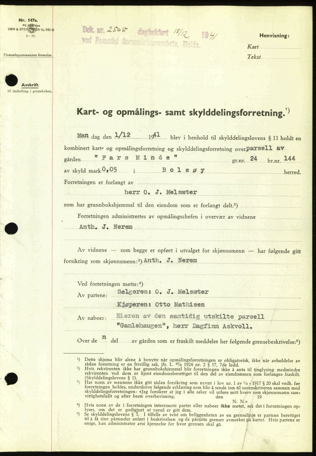 Romsdal sorenskriveri, AV/SAT-A-4149/1/2/2C: Mortgage book no. A11, 1941-1942, Diary no: : 2505/1941