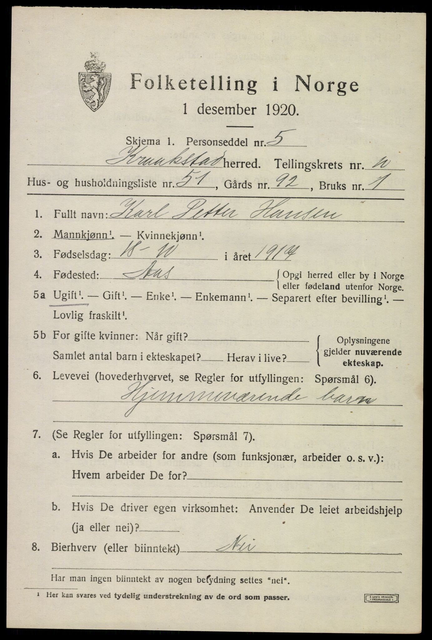 SAO, 1920 census for Kråkstad, 1920, p. 11215