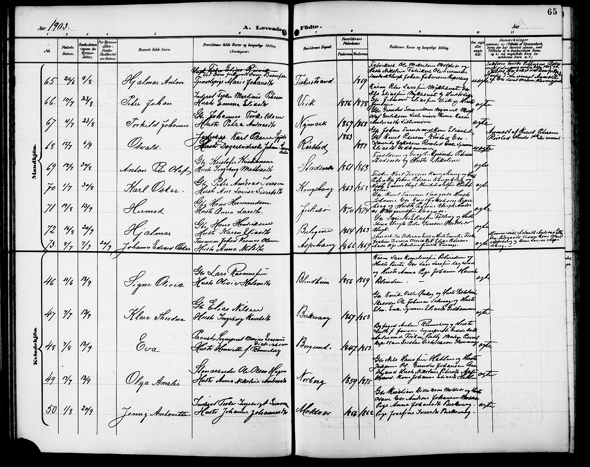 Ministerialprotokoller, klokkerbøker og fødselsregistre - Møre og Romsdal, AV/SAT-A-1454/528/L0432: Parish register (copy) no. 528C13, 1898-1918, p. 65