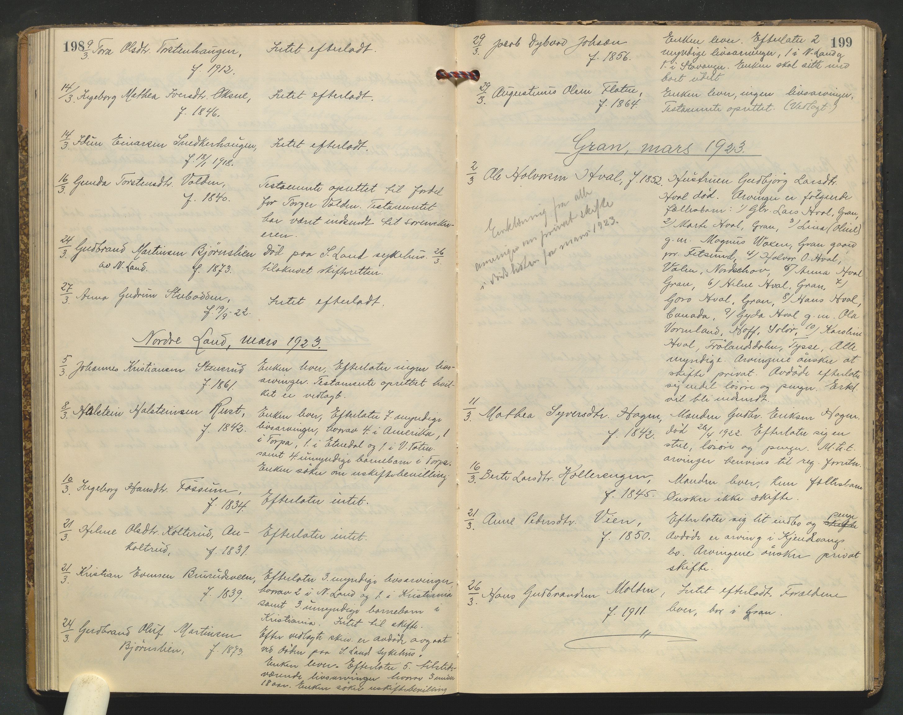 Hadeland og Land tingrett, AV/SAH-TING-010/J/Jg/L0009: Dødsfallsprotokoll, 1915-1925, p. 198-199