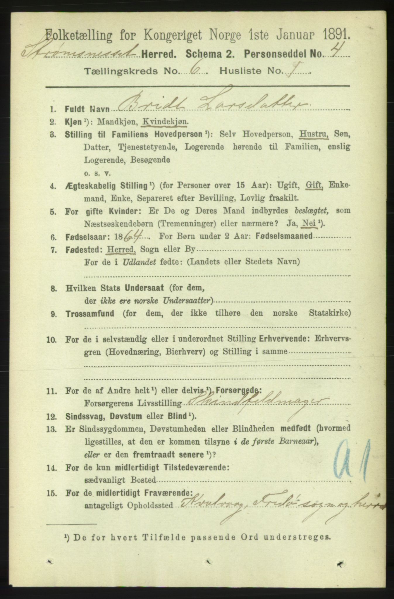 RA, 1891 census for 1559 Straumsnes, 1891, p. 1197