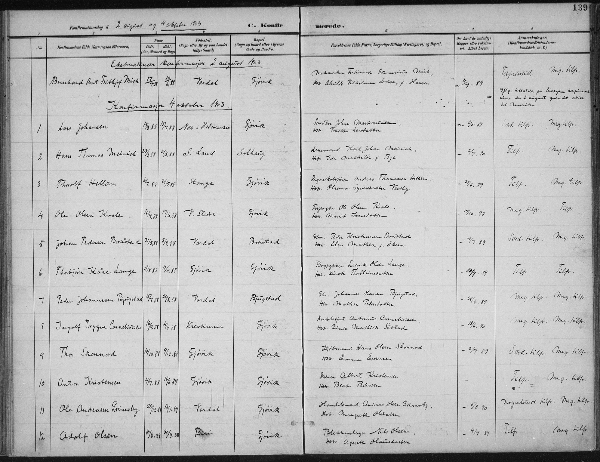 Vardal prestekontor, SAH/PREST-100/H/Ha/Haa/L0013: Parish register (official) no. 13, 1901-1911, p. 139