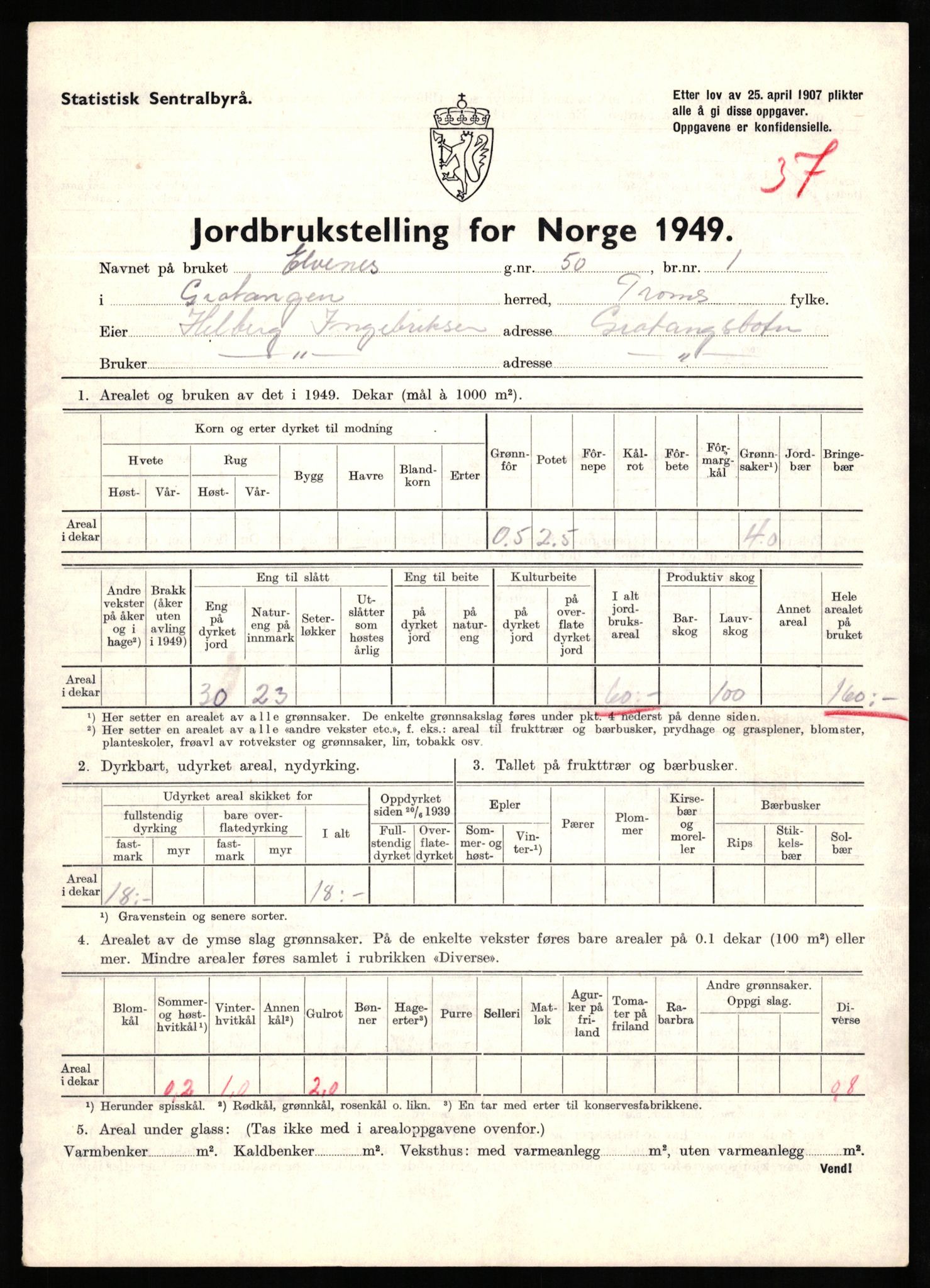 Statistisk sentralbyrå, Næringsøkonomiske emner, Jordbruk, skogbruk, jakt, fiske og fangst, AV/RA-S-2234/G/Gc/L0437: Troms: Gratangen og Lavangen, 1949, p. 1242