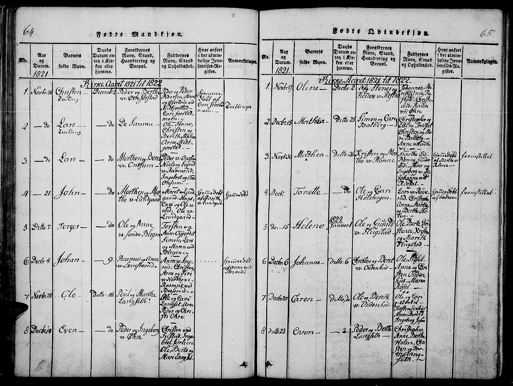 Fåberg prestekontor, AV/SAH-PREST-086/H/Ha/Haa/L0003: Parish register (official) no. 3, 1818-1833, p. 64-65