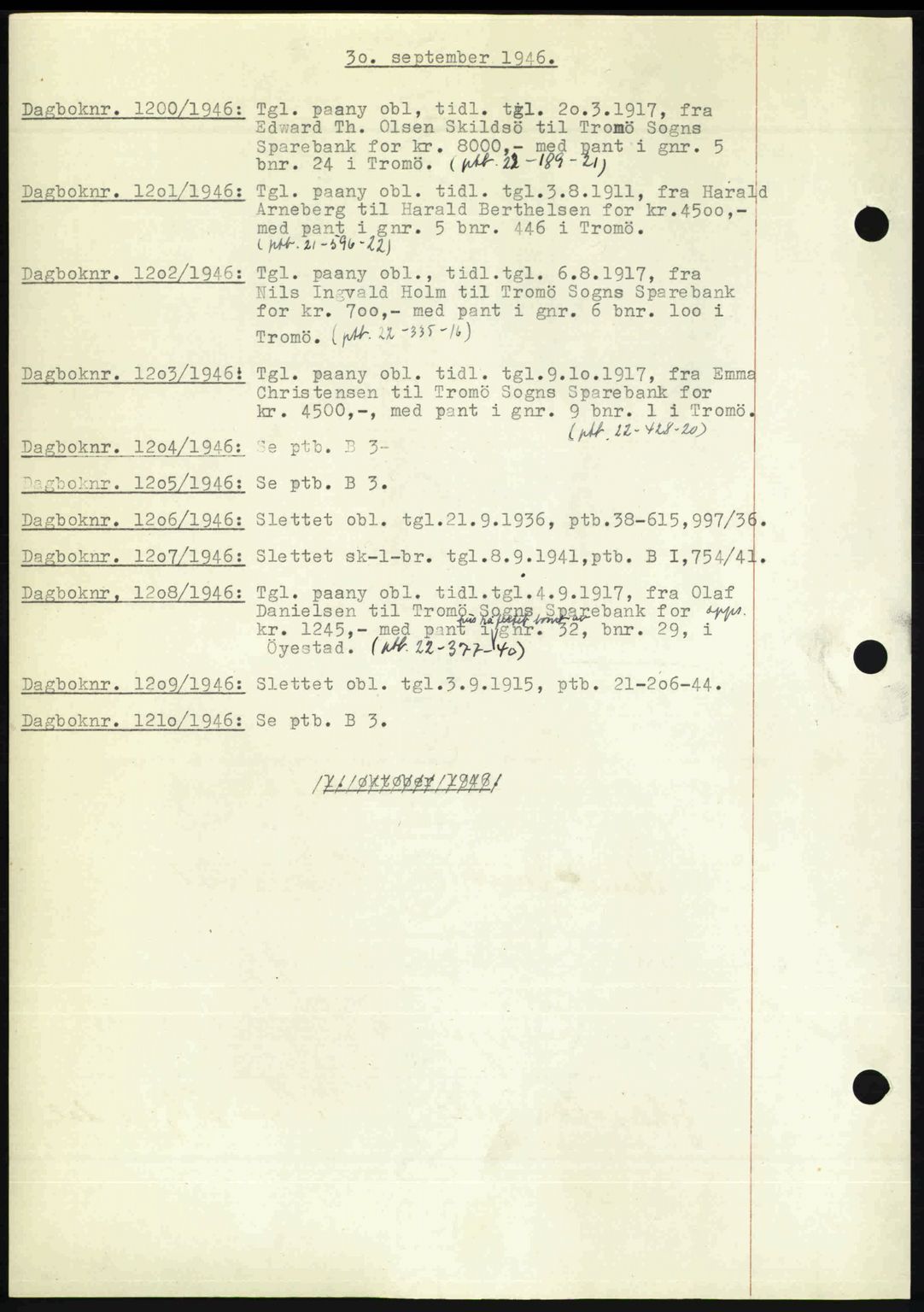 Nedenes sorenskriveri, SAK/1221-0006/G/Gb/Gba/L0056: Mortgage book no. A8, 1946-1947, Diary no: : 1200/1946