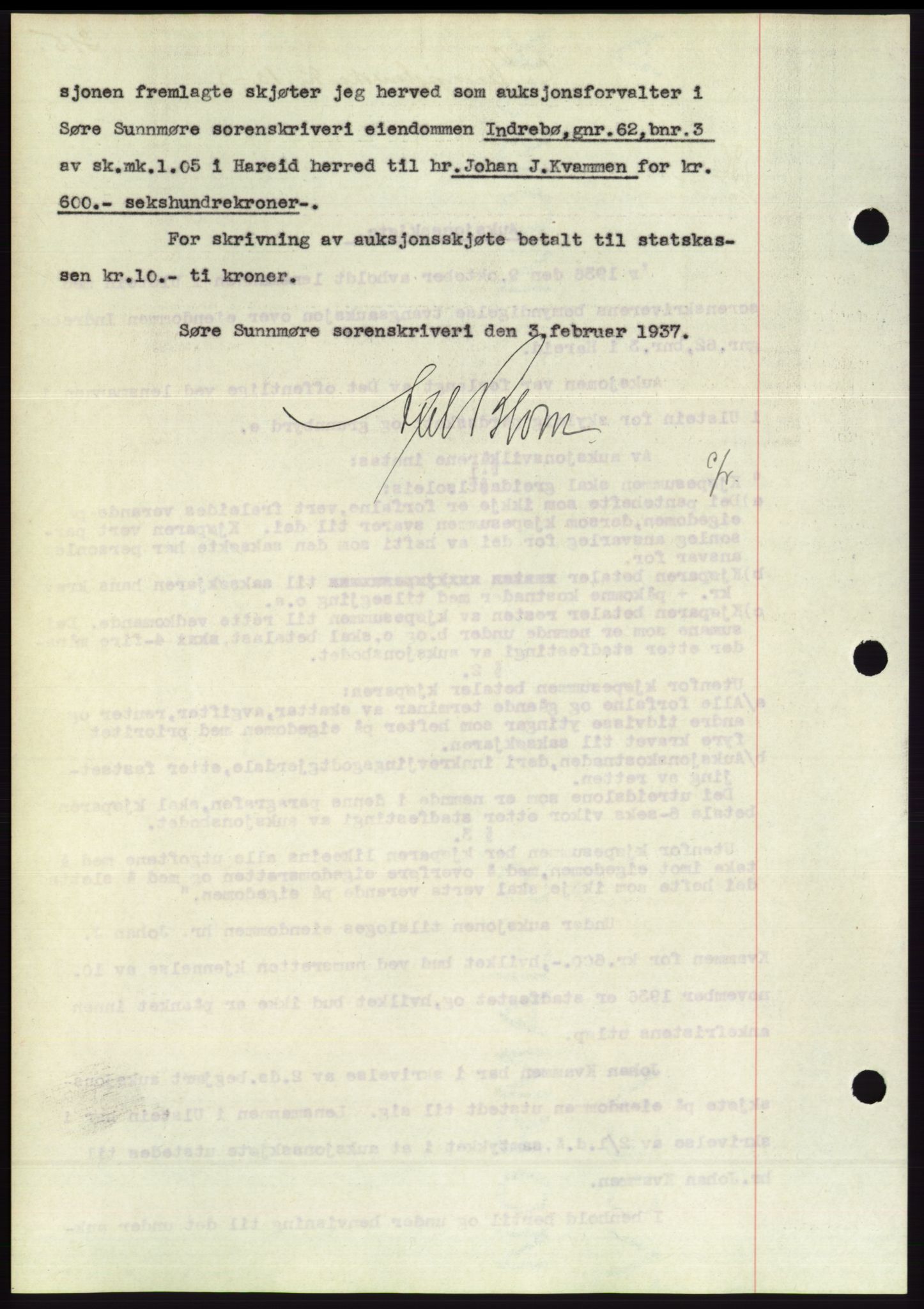 Søre Sunnmøre sorenskriveri, SAT/A-4122/1/2/2C/L0062: Mortgage book no. 56, 1936-1937, Diary no: : 185/1937