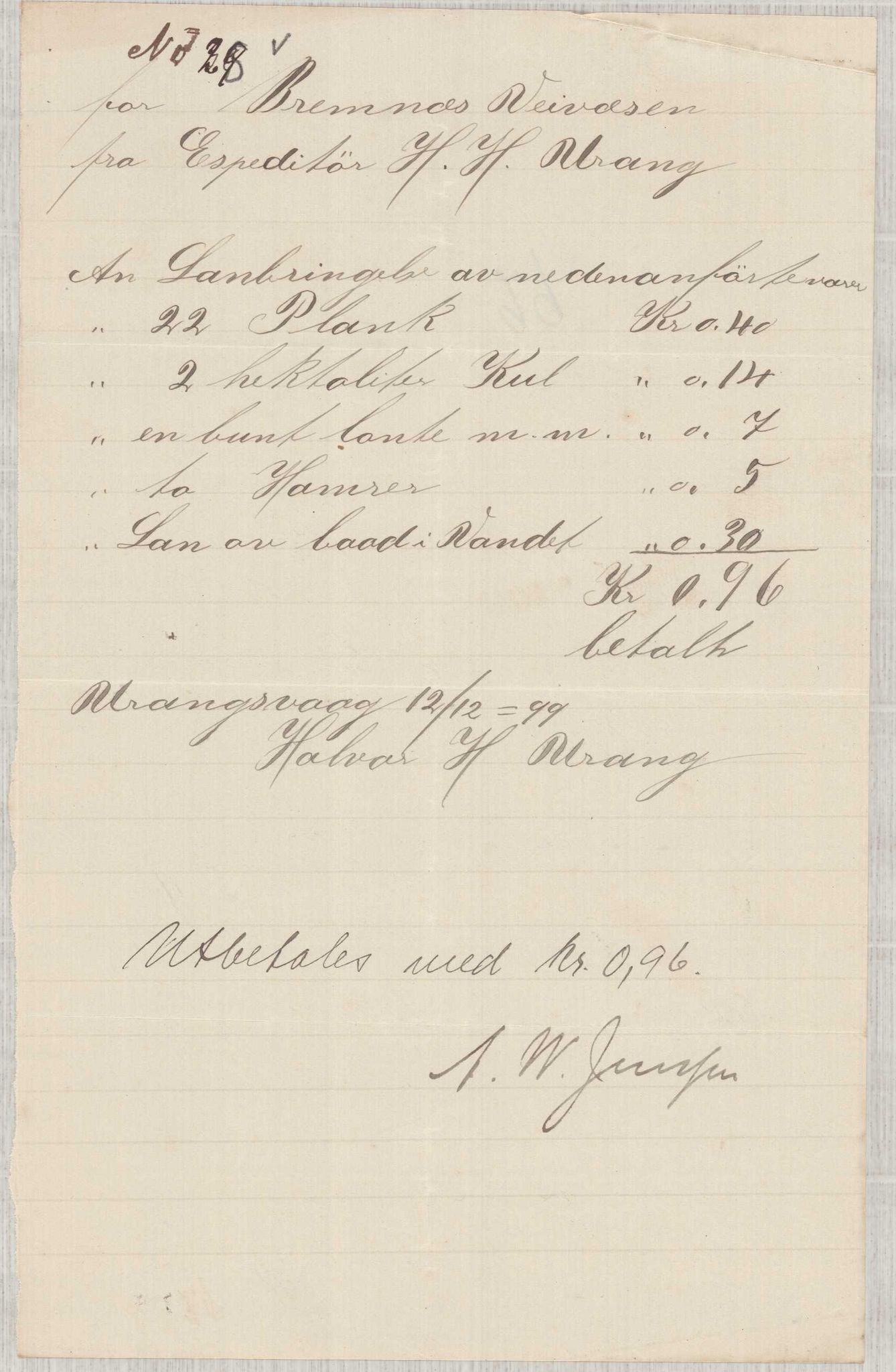 Finnaas kommune. Formannskapet, IKAH/1218a-021/E/Ea/L0002/0001: Rekneskap for veganlegg / Rekneskap for veganlegget Urangsvåg - Mælandsvåg, 1898-1900, p. 88