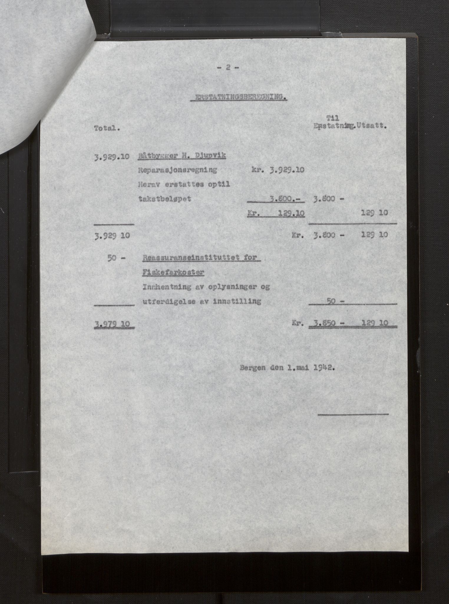 Fiskeridirektoratet - 1 Adm. ledelse - 13 Båtkontoret, AV/SAB-A-2003/La/L0008: Statens krigsforsikring for fiskeflåten, 1936-1971, p. 401