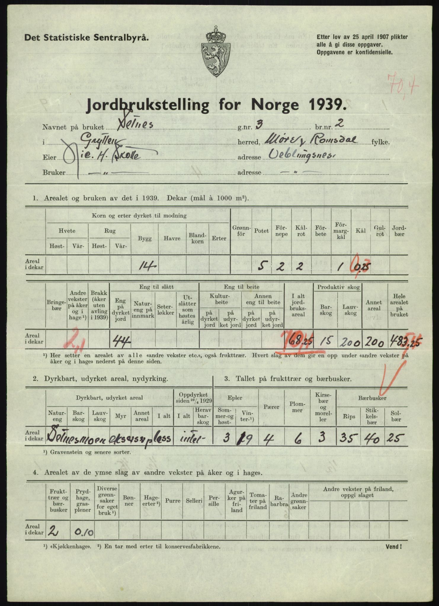 Statistisk sentralbyrå, Næringsøkonomiske emner, Jordbruk, skogbruk, jakt, fiske og fangst, AV/RA-S-2234/G/Gb/L0251: Møre og Romsdal: Voll, Eid, Grytten og Hen, 1939, p. 767