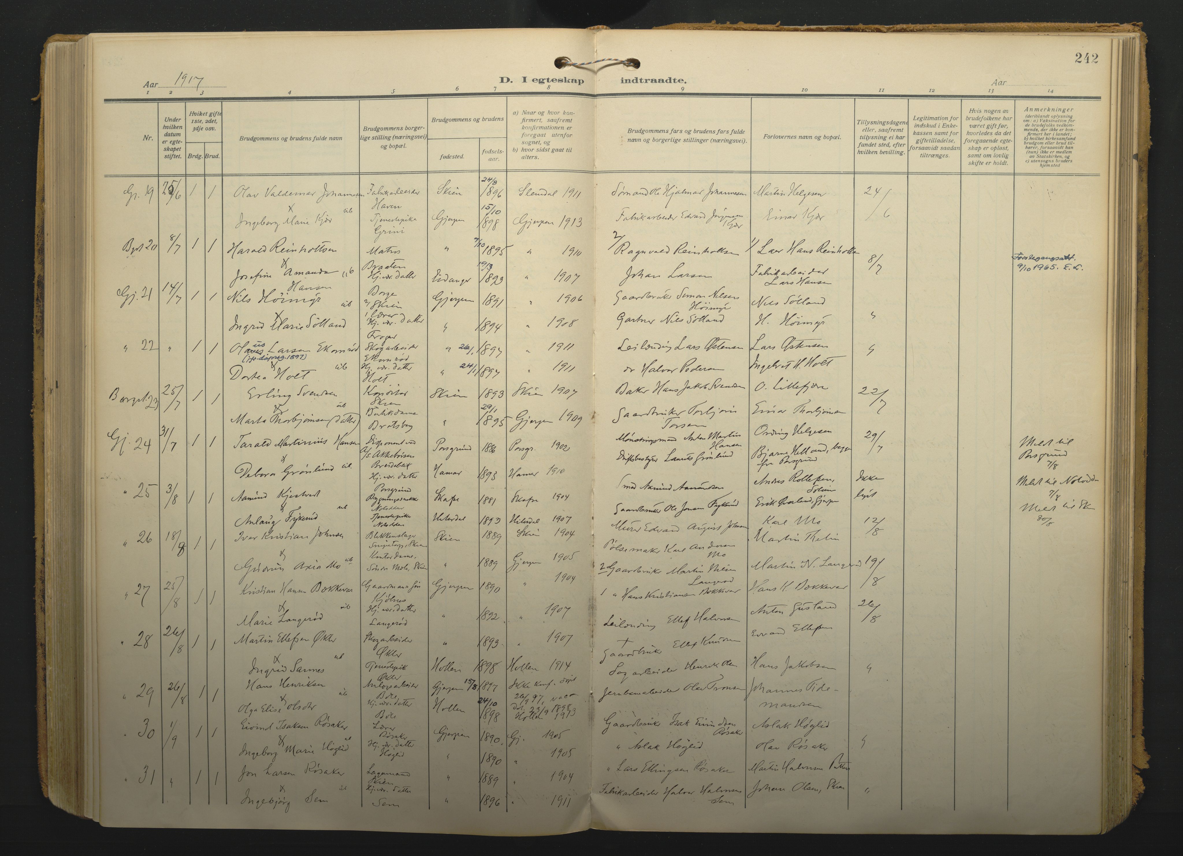 Gjerpen kirkebøker, SAKO/A-265/F/Fa/L0013: Parish register (official) no. I 13, 1914-1924, p. 242