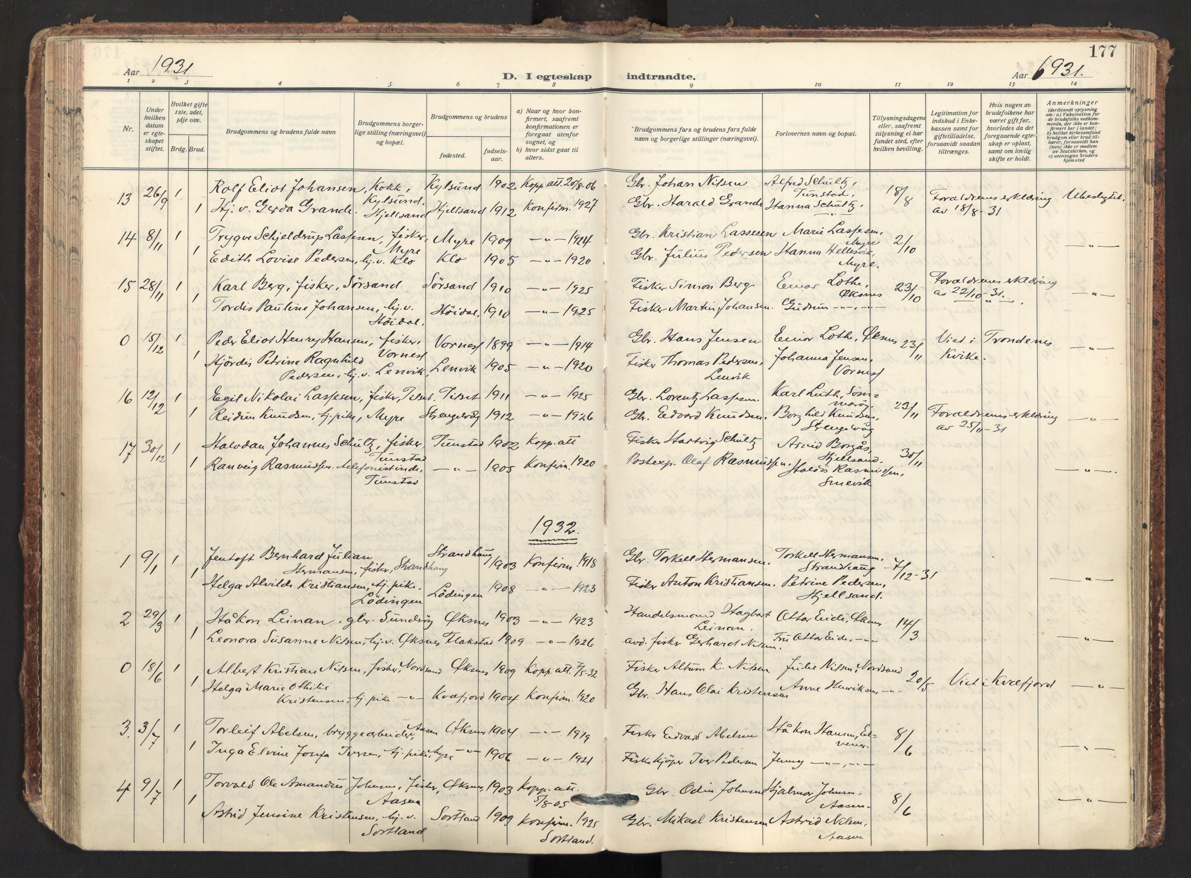 Ministerialprotokoller, klokkerbøker og fødselsregistre - Nordland, AV/SAT-A-1459/893/L1344: Parish register (official) no. 893A16, 1929-1946, p. 177