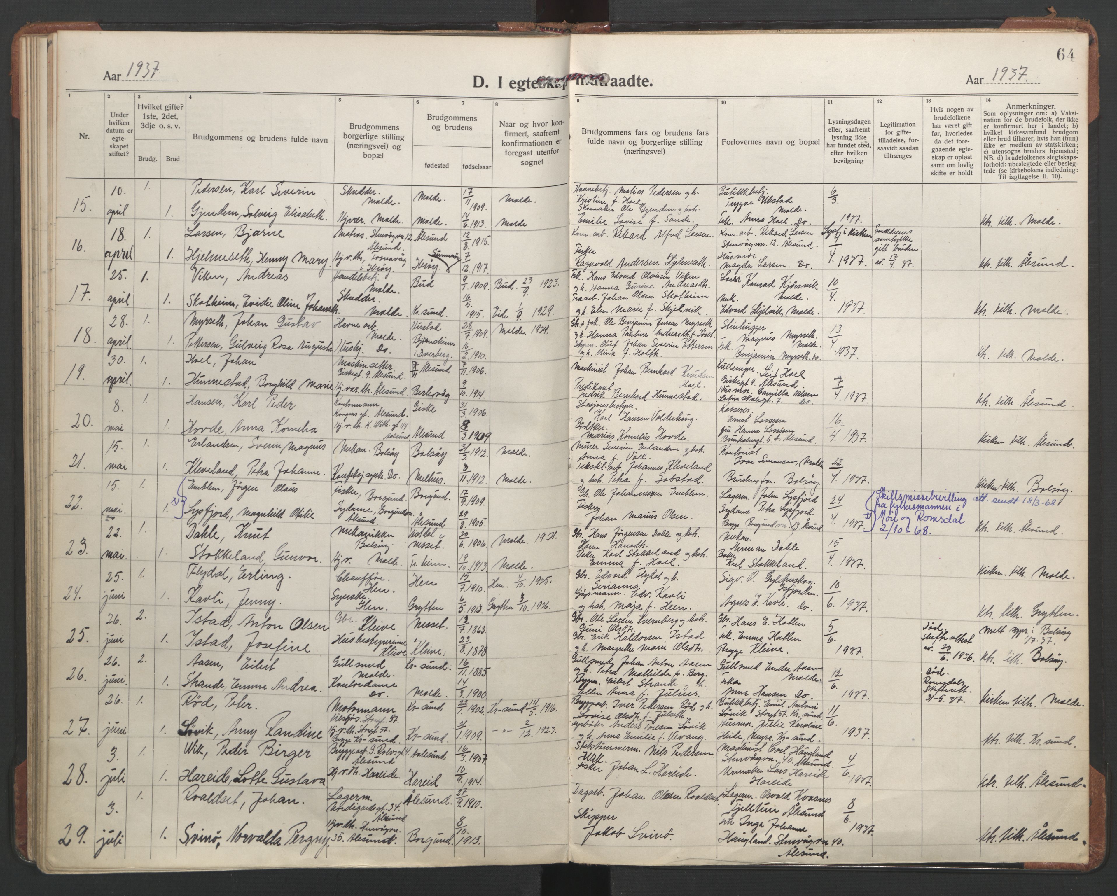 Ministerialprotokoller, klokkerbøker og fødselsregistre - Møre og Romsdal, SAT/A-1454/558/L0698: Parish register (official) no. 558A12, 1922-1937, p. 64