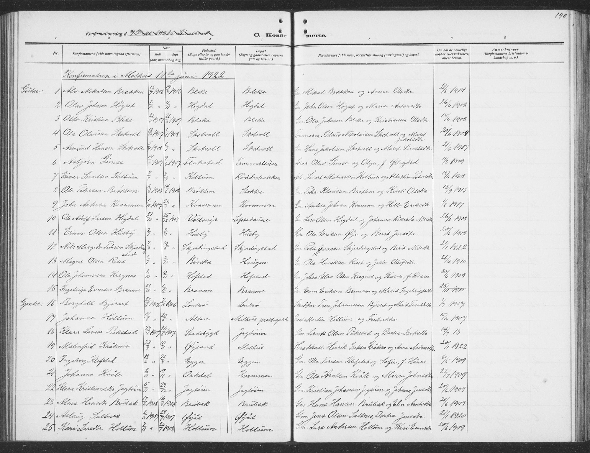 Ministerialprotokoller, klokkerbøker og fødselsregistre - Sør-Trøndelag, SAT/A-1456/691/L1095: Parish register (copy) no. 691C06, 1912-1933, p. 190