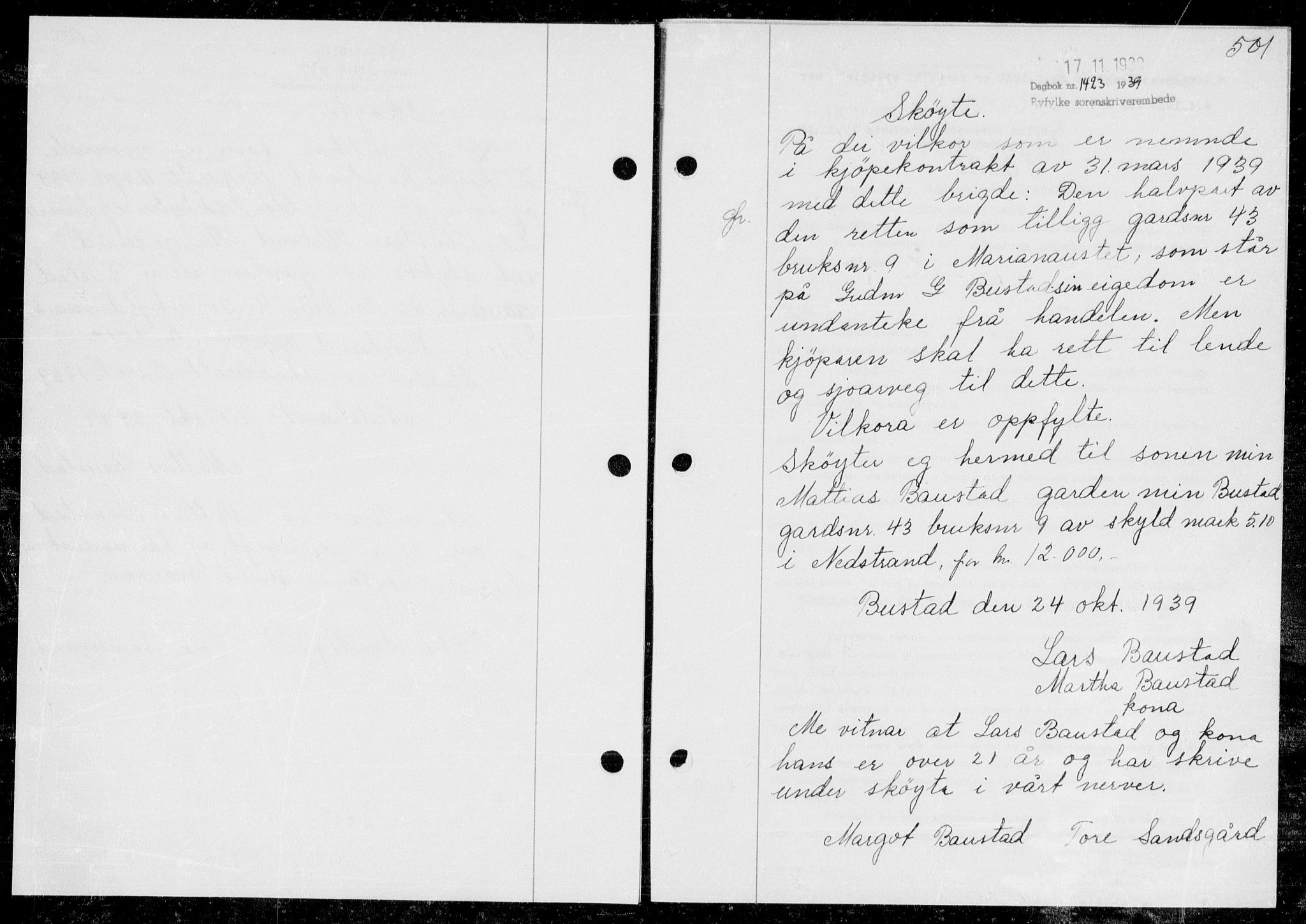 Ryfylke tingrett, SAST/A-100055/001/II/IIB/L0080: Mortgage book no. 59, 1939-1939, Diary no: : 1423/1939