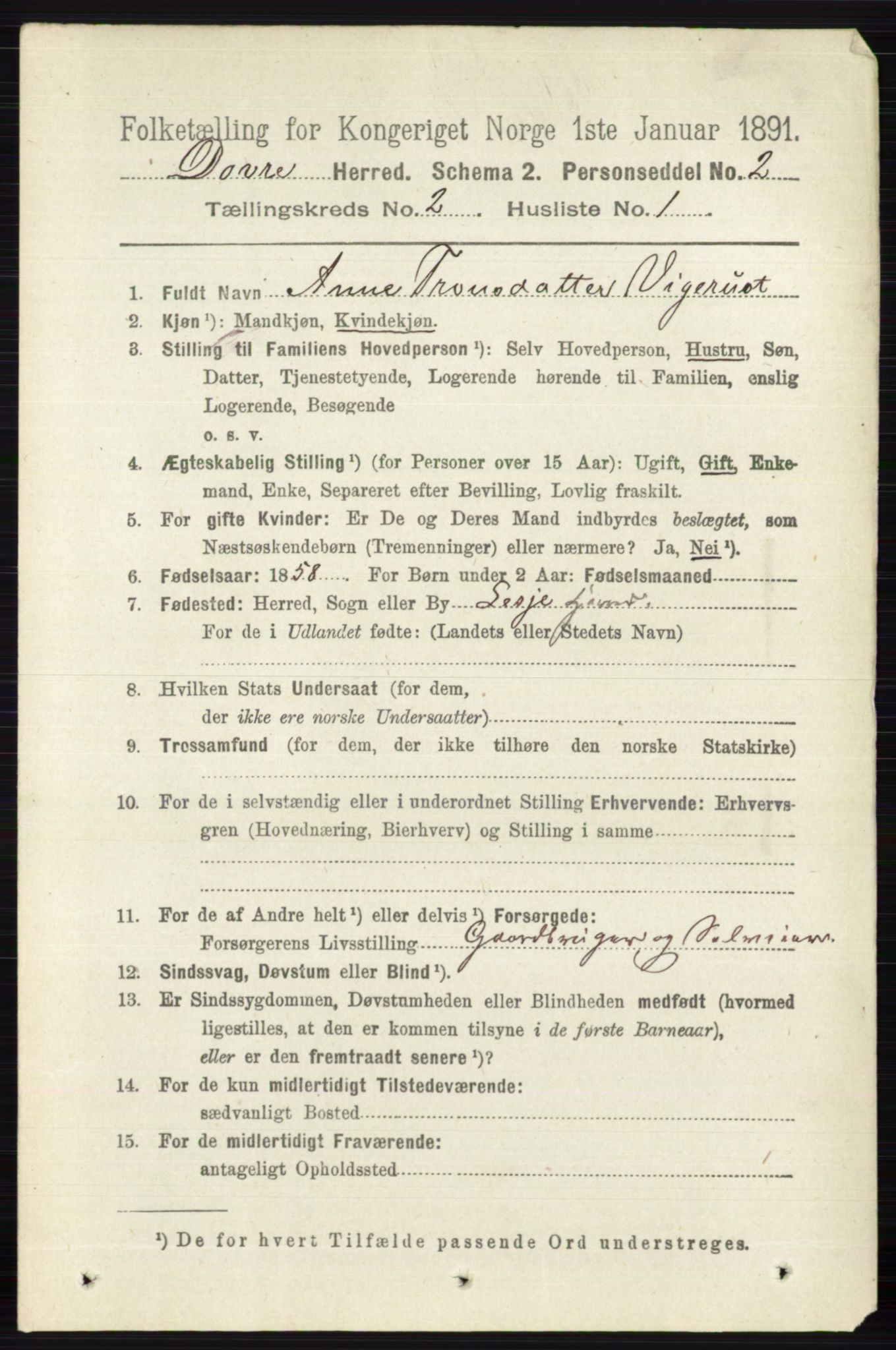 RA, 1891 census for 0511 Dovre, 1891, p. 870