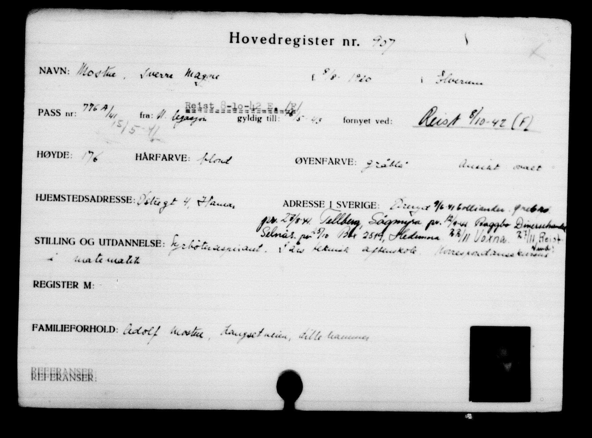 Utenriksstasjonene, Legasjonen i Stockholm, Flyktningkontoret, AV/RA-S-6753/V/Va/L0001: Kjesäterkartoteket, flyktninger med registreringsnr. 1-1000, 1940-1945, p. 1430