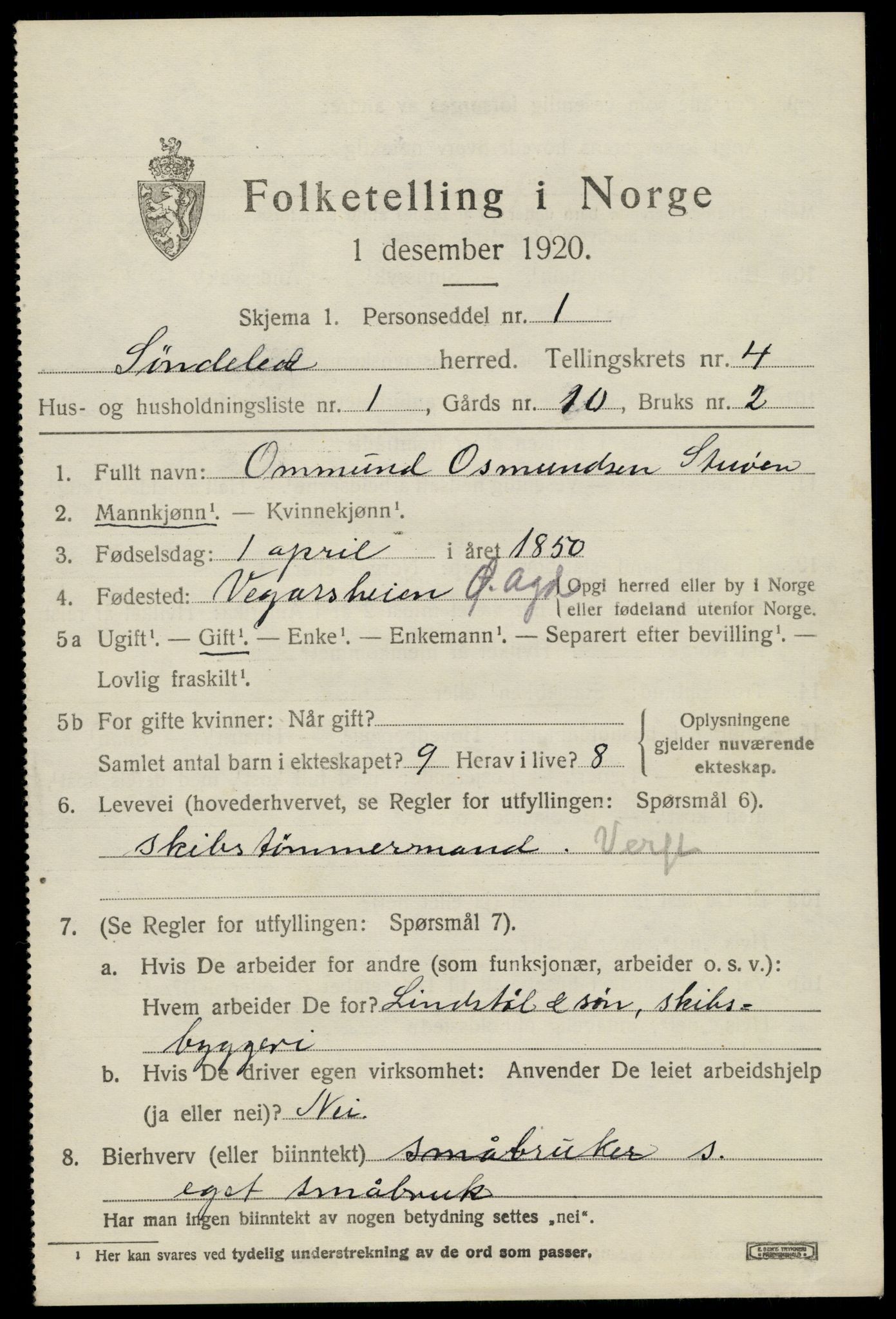 SAK, 1920 census for Søndeled, 1920, p. 2553