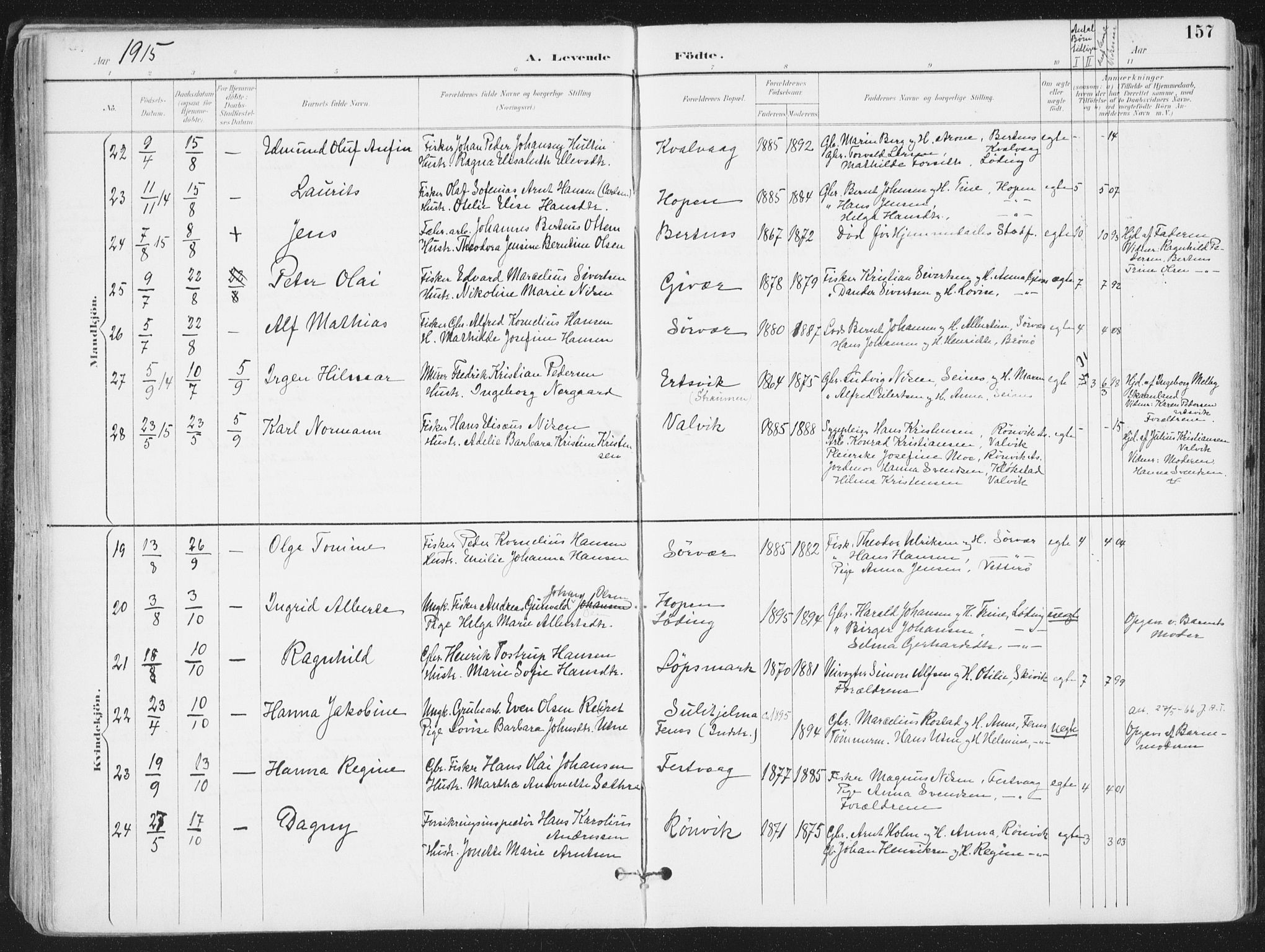 Ministerialprotokoller, klokkerbøker og fødselsregistre - Nordland, AV/SAT-A-1459/802/L0055: Parish register (official) no. 802A02, 1894-1915, p. 157