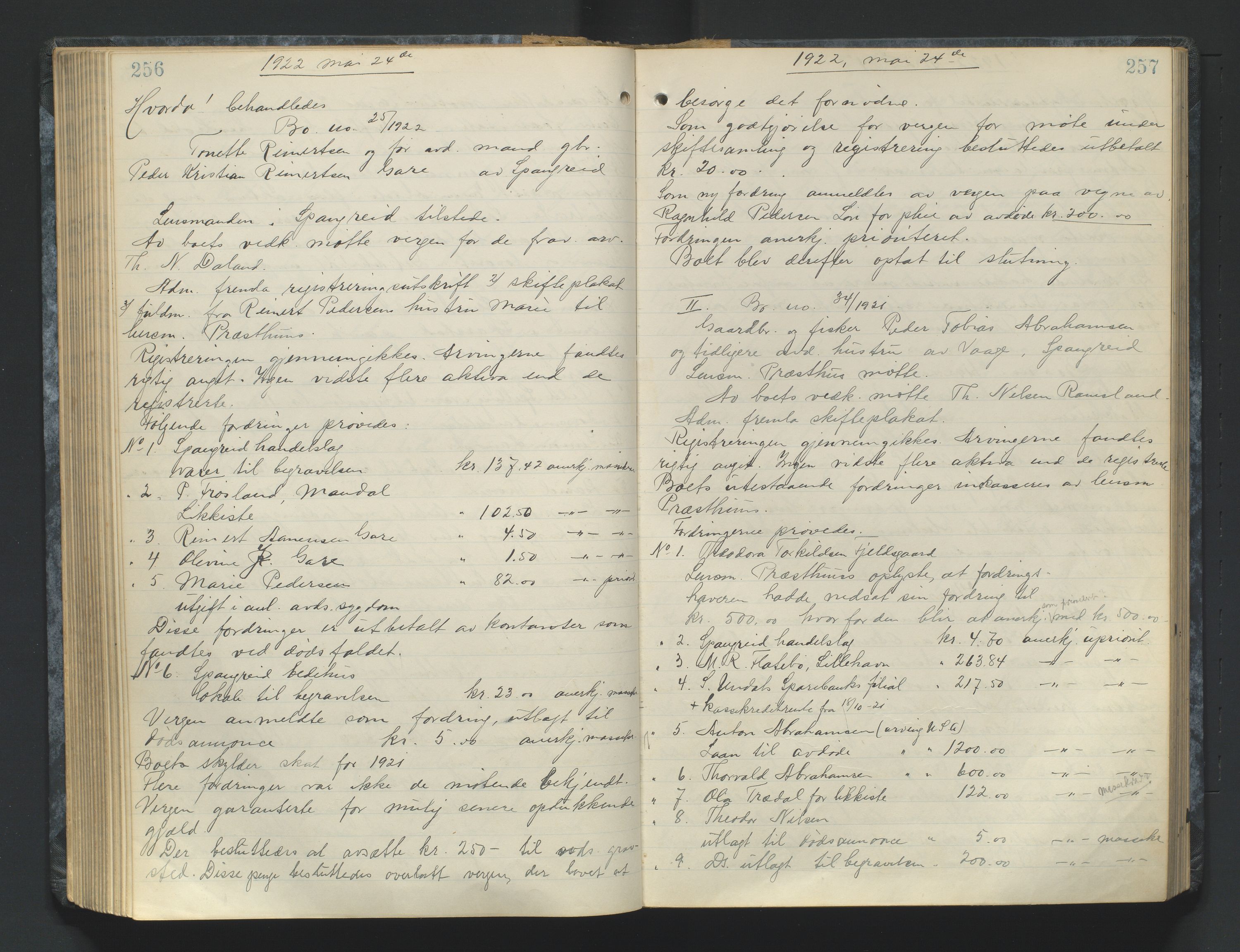 Mandal sorenskriveri, AV/SAK-1221-0005/001/H/Hc/L0084: Skifteforhandlingsprotokoll nr 16, 1921-1924, p. 256-257