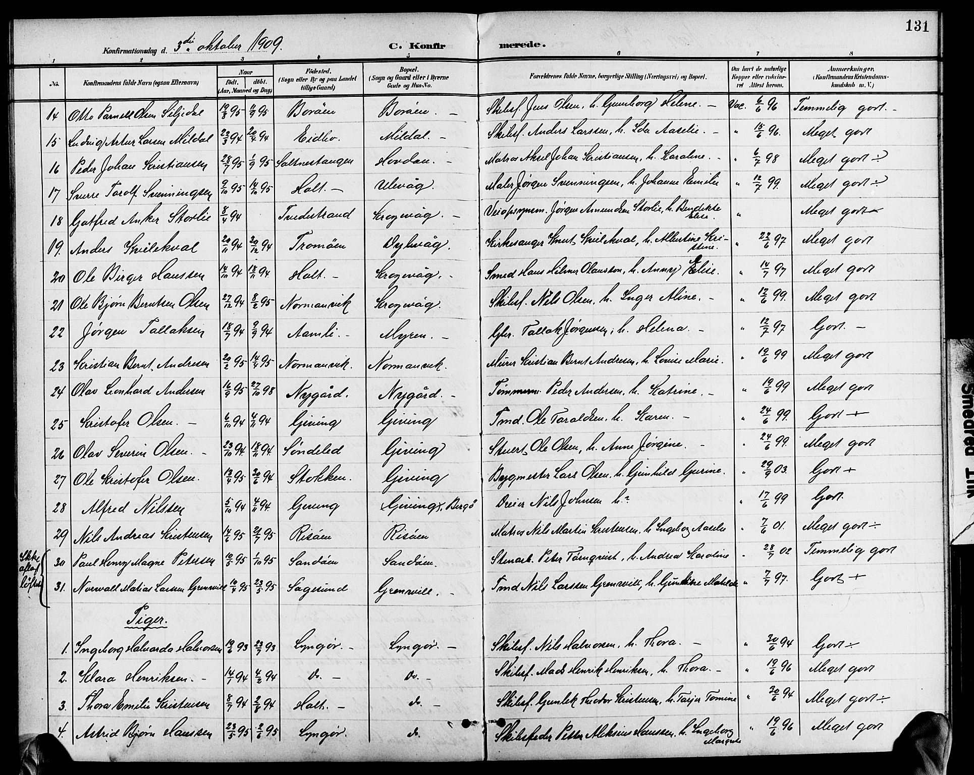 Dypvåg sokneprestkontor, AV/SAK-1111-0007/F/Fb/Fba/L0014: Parish register (copy) no. B 14, 1901-1922, p. 131