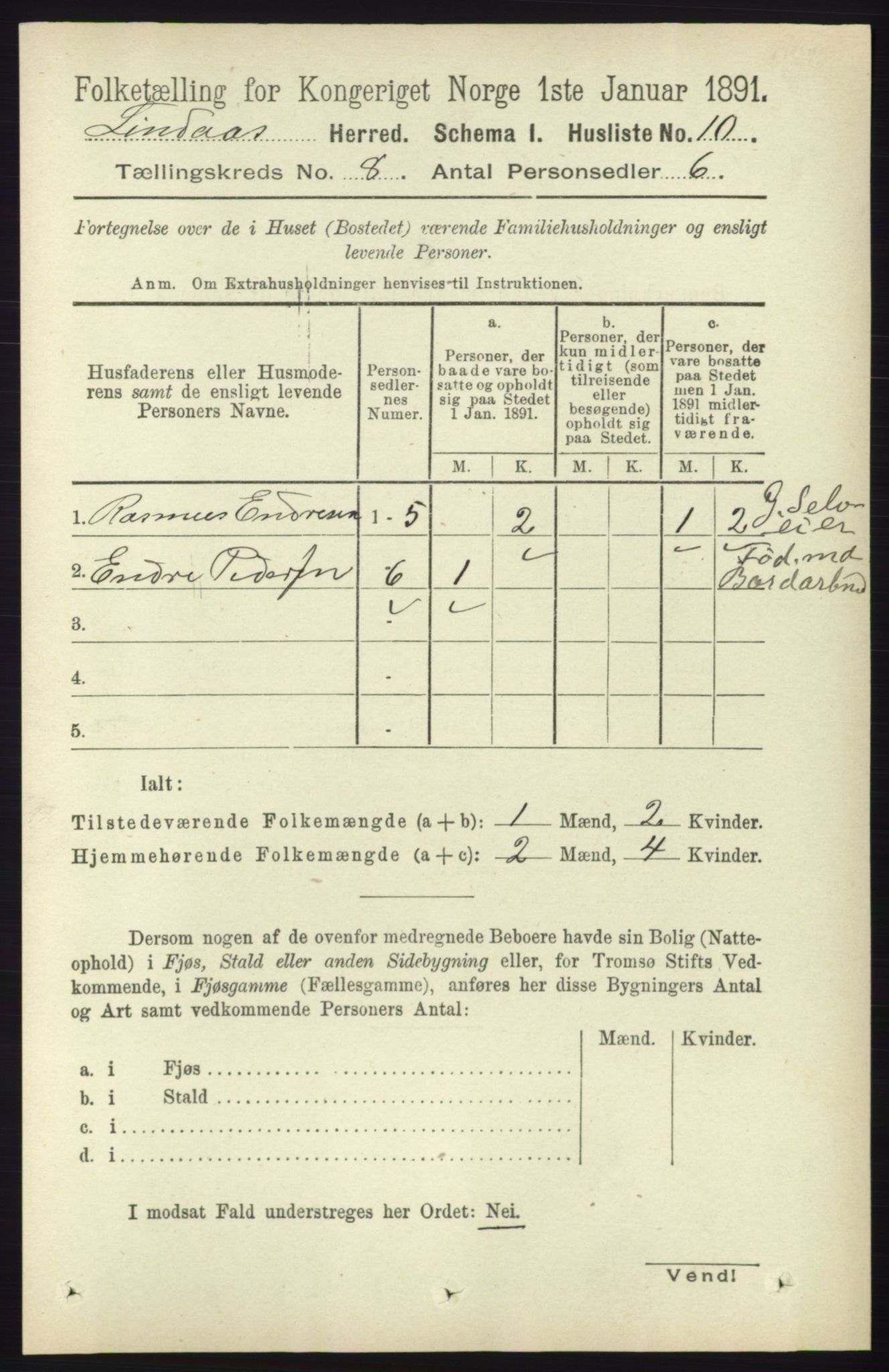 RA, 1891 census for 1263 Lindås, 1891, p. 2363