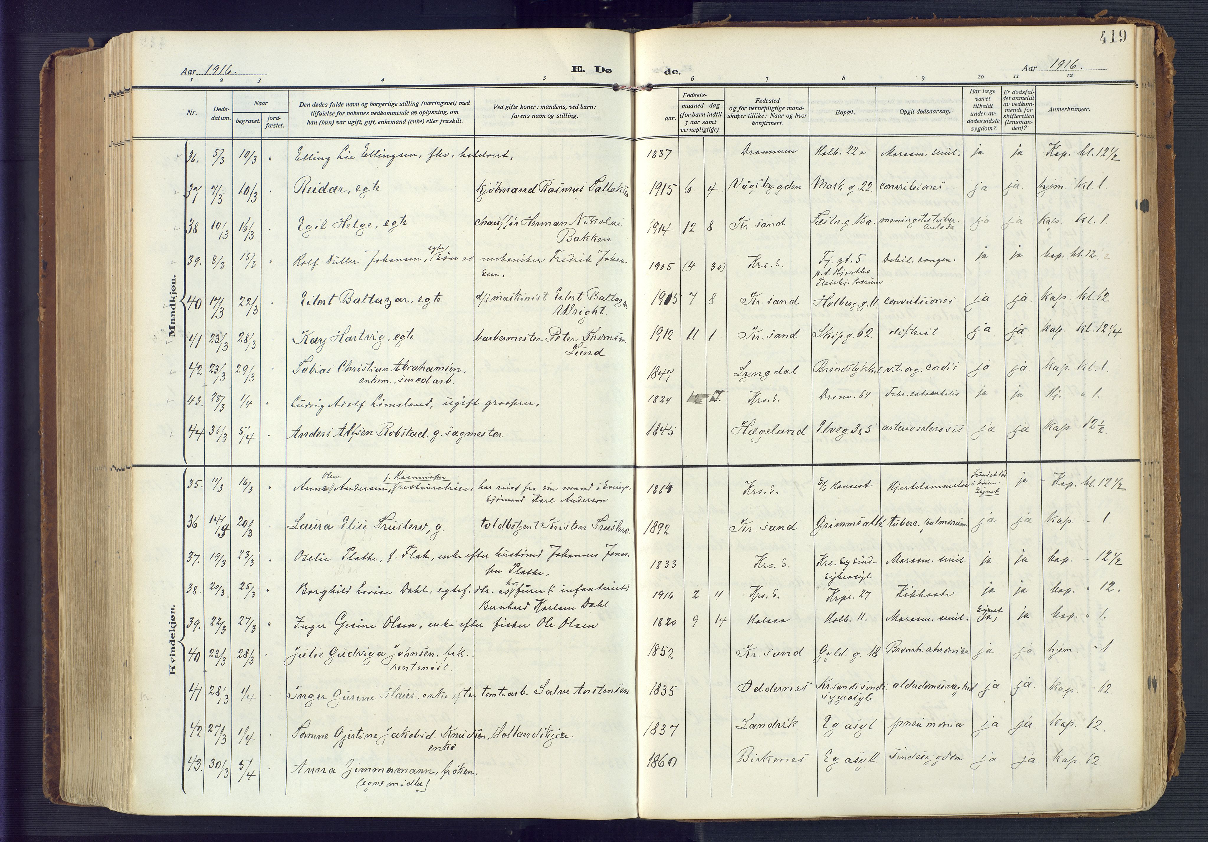 Kristiansand domprosti, AV/SAK-1112-0006/F/Fa/L0023: Parish register (official) no. A 22, 1909-1917, p. 419