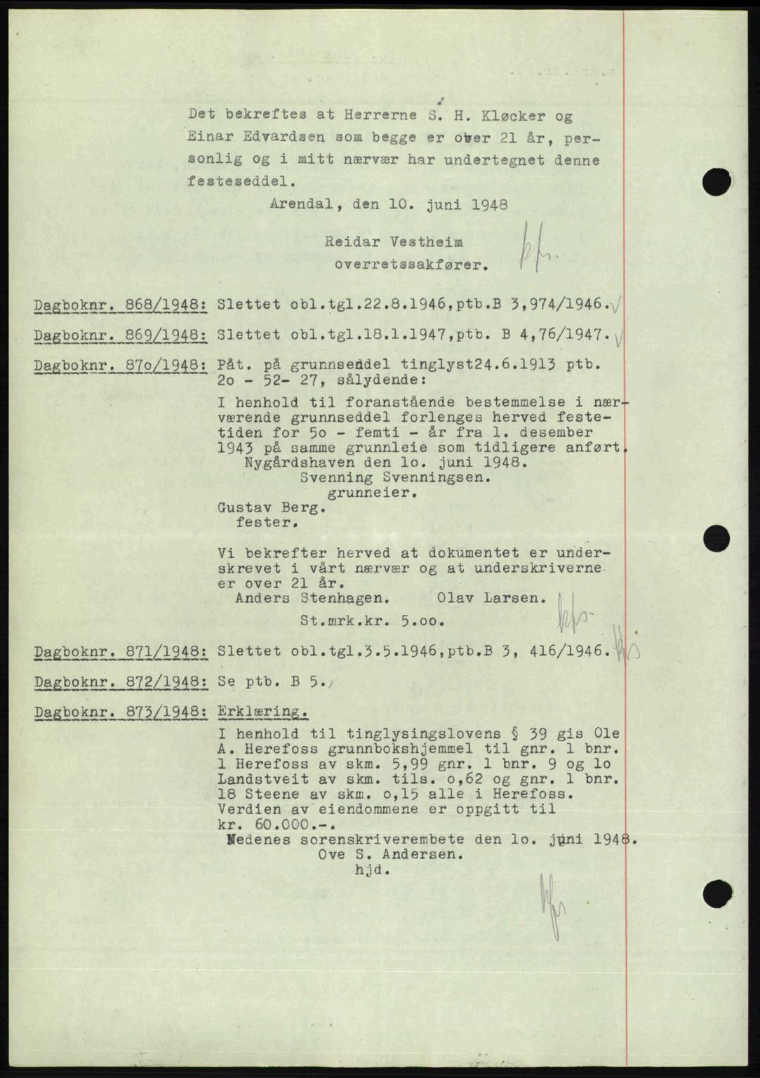 Nedenes sorenskriveri, SAK/1221-0006/G/Gb/Gba/L0059: Mortgage book no. A11, 1948-1948, Diary no: : 867/1948