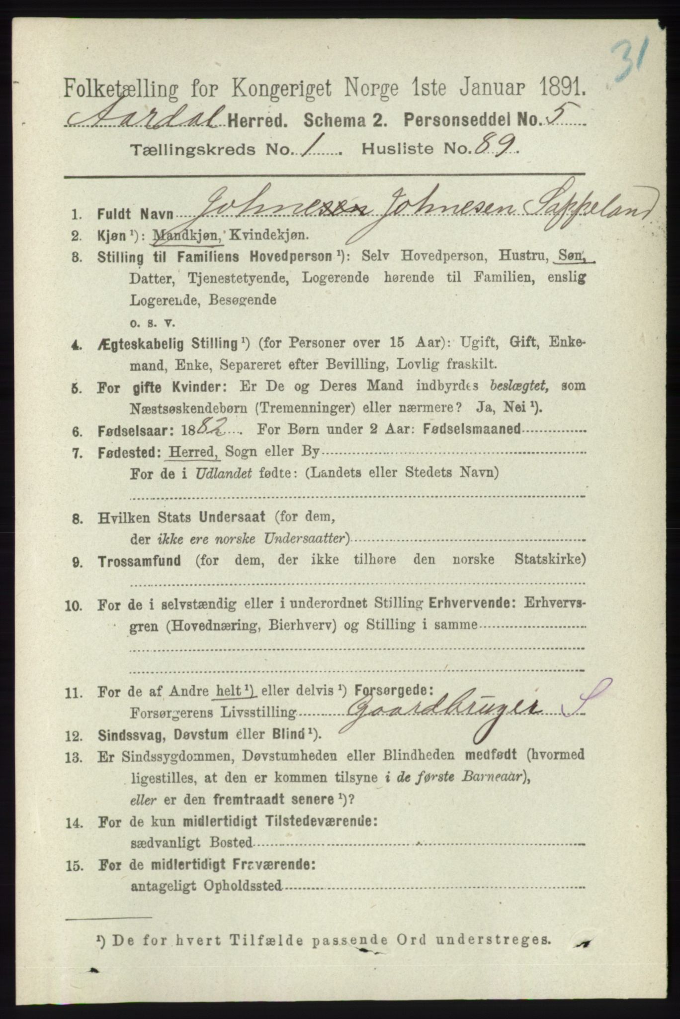 RA, 1891 census for 1131 Årdal, 1891, p. 524